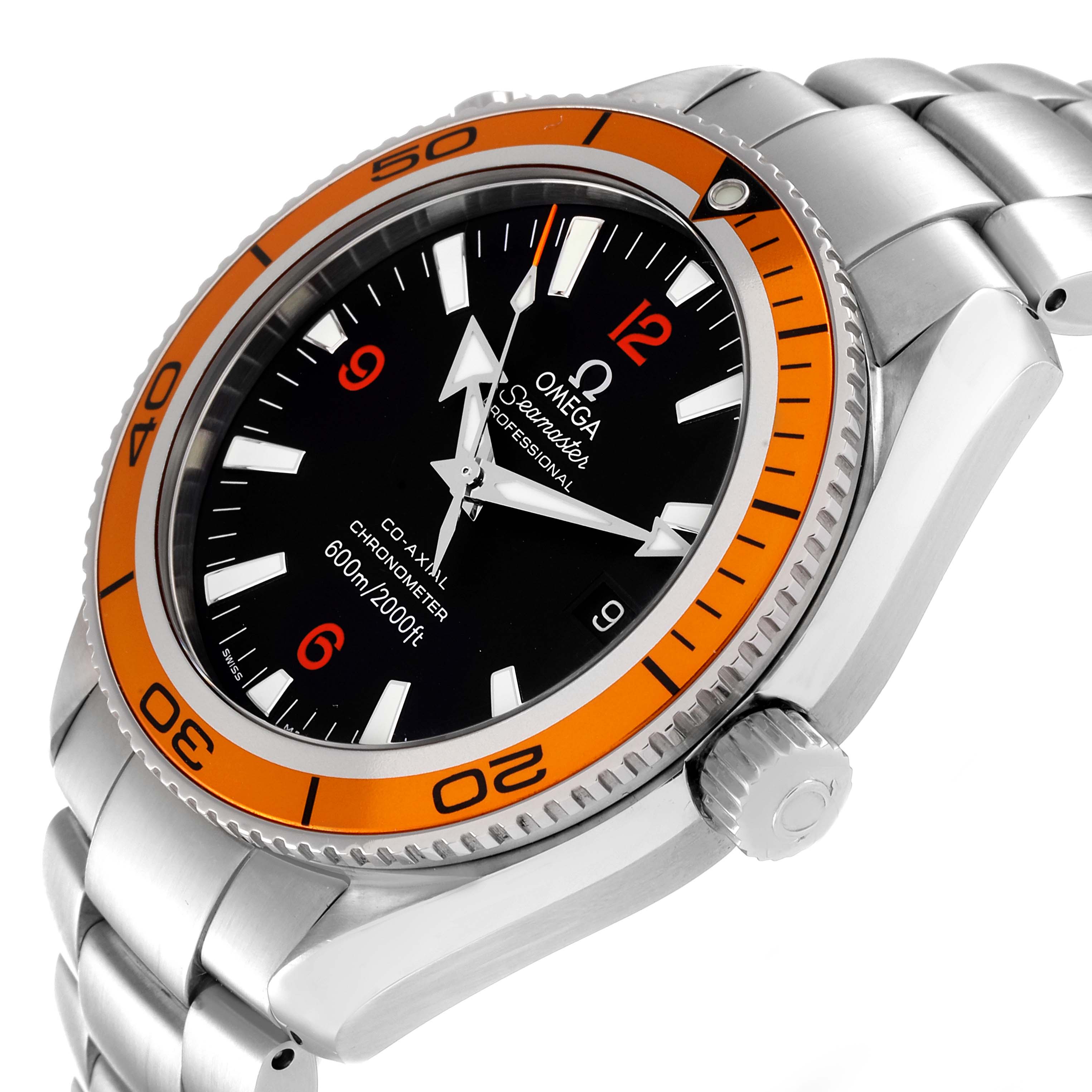 The Omega Planet Ocean 2209.50.00 Men's Stainless Steel Black Dial 2209.50.00 Men's Stainless Steel Black Dial watch is shown at a slight angle, highlighting its orange bezel, black dial, and metal bracelet.