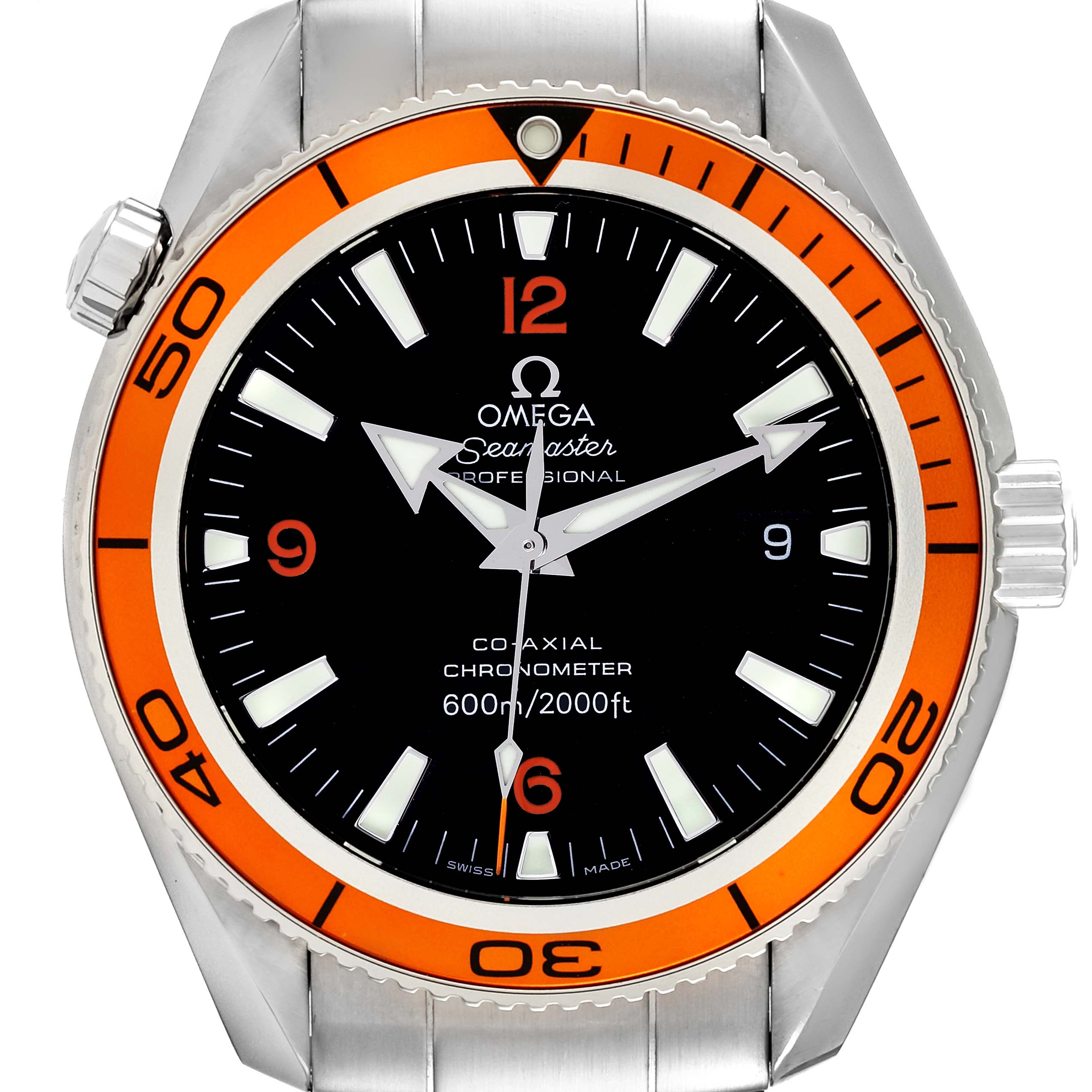 The image shows a front view of the Omega Planet Ocean 2209.50.00 Men's Stainless Steel Black Dial 2209.50.00 Men's Stainless Steel Black Dial watch, highlighting its orange bezel, black dial, and hour markers.