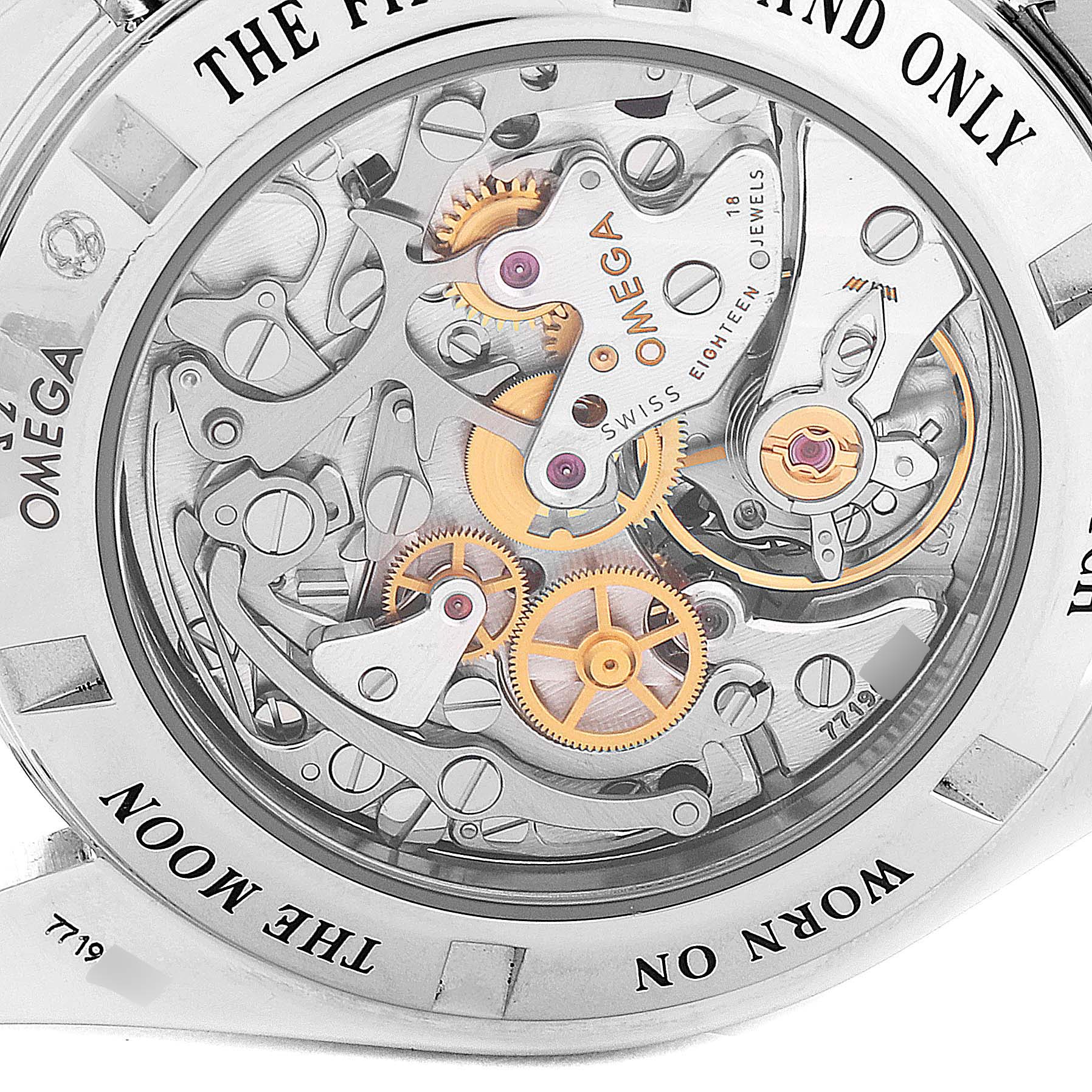 This is the back view of an Omega Speedmaster 311.30.42.30.13.001 Men's Stainless Steel Brown Dial 311.30.42.30.13.001 Men's Stainless Steel Brown Dial watch showcasing its intricate mechanical movement.