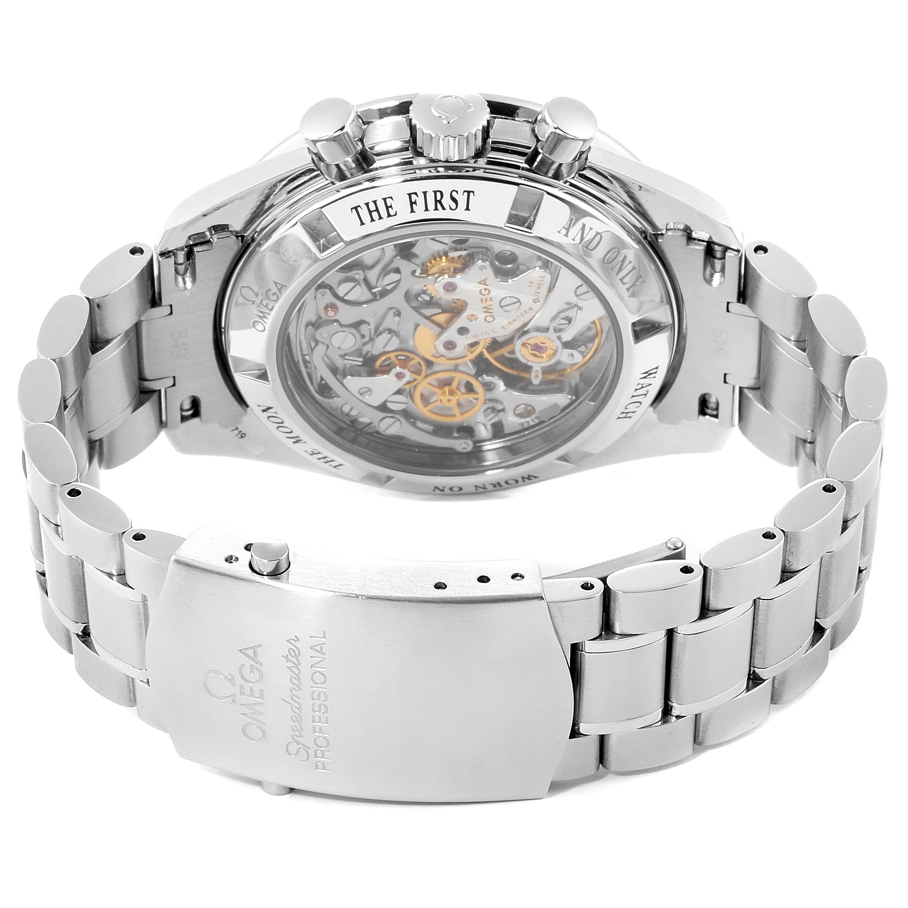 The photo shows the back view of an Omega Speedmaster 311.30.42.30.13.001 Men's Stainless Steel Brown Dial 311.30.42.30.13.001 Men's Stainless Steel Brown Dial, highlighting the exhibition case back and part of the bracelet.