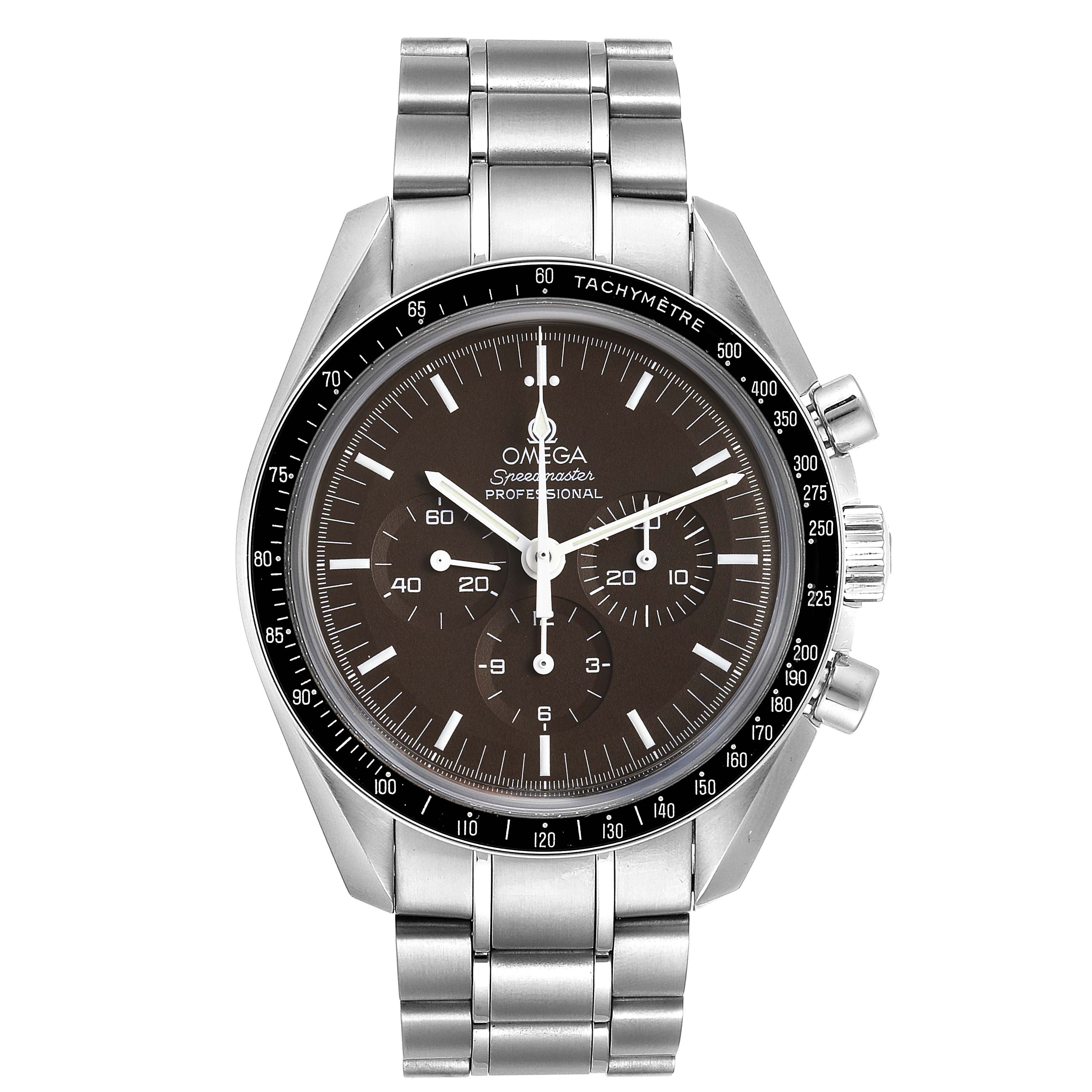 The image shows a front view of an Omega Speedmaster 311.30.42.30.13.001 Men's Stainless Steel Brown Dial 311.30.42.30.13.001 Men's Stainless Steel Brown Dial watch, displaying the face, bezel, and metal bracelet.