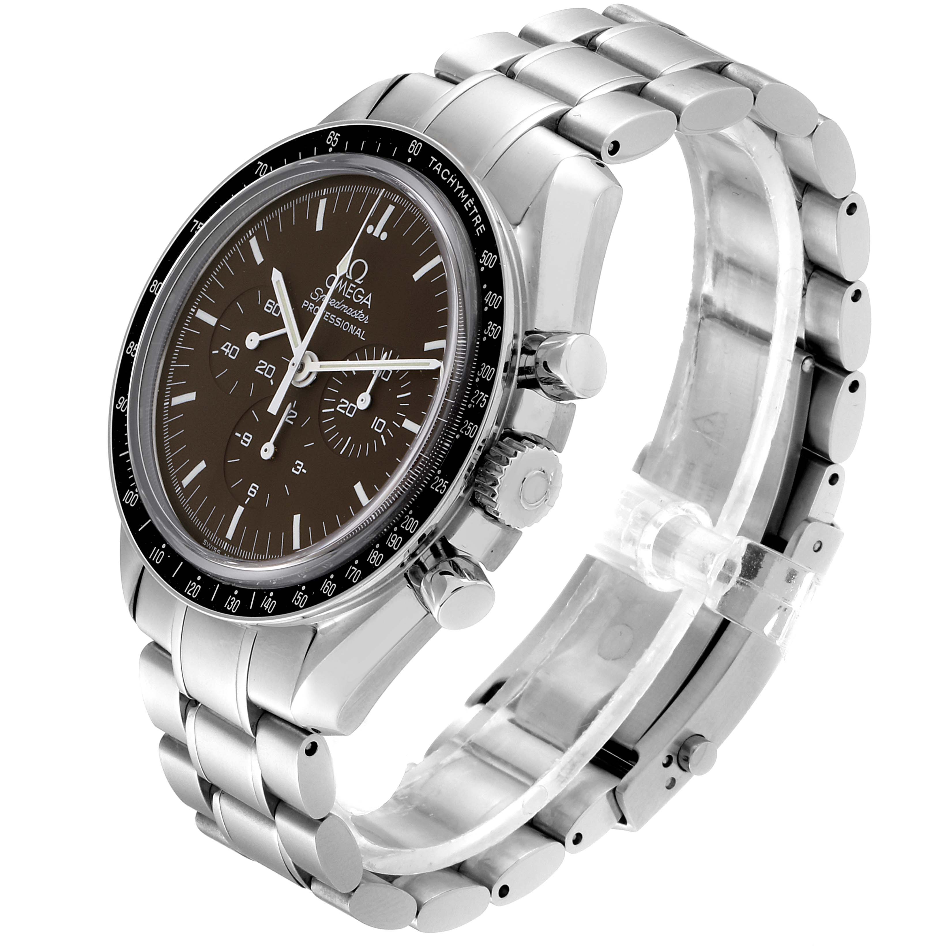 The Omega Speedmaster 311.30.42.30.13.001 Men's Stainless Steel Brown Dial 311.30.42.30.13.001 Men's Stainless Steel Brown Dial watch is shown at a three-quarter angle, displaying its dial, tachymeter bezel, crown, pushers, and stainless steel bracelet.