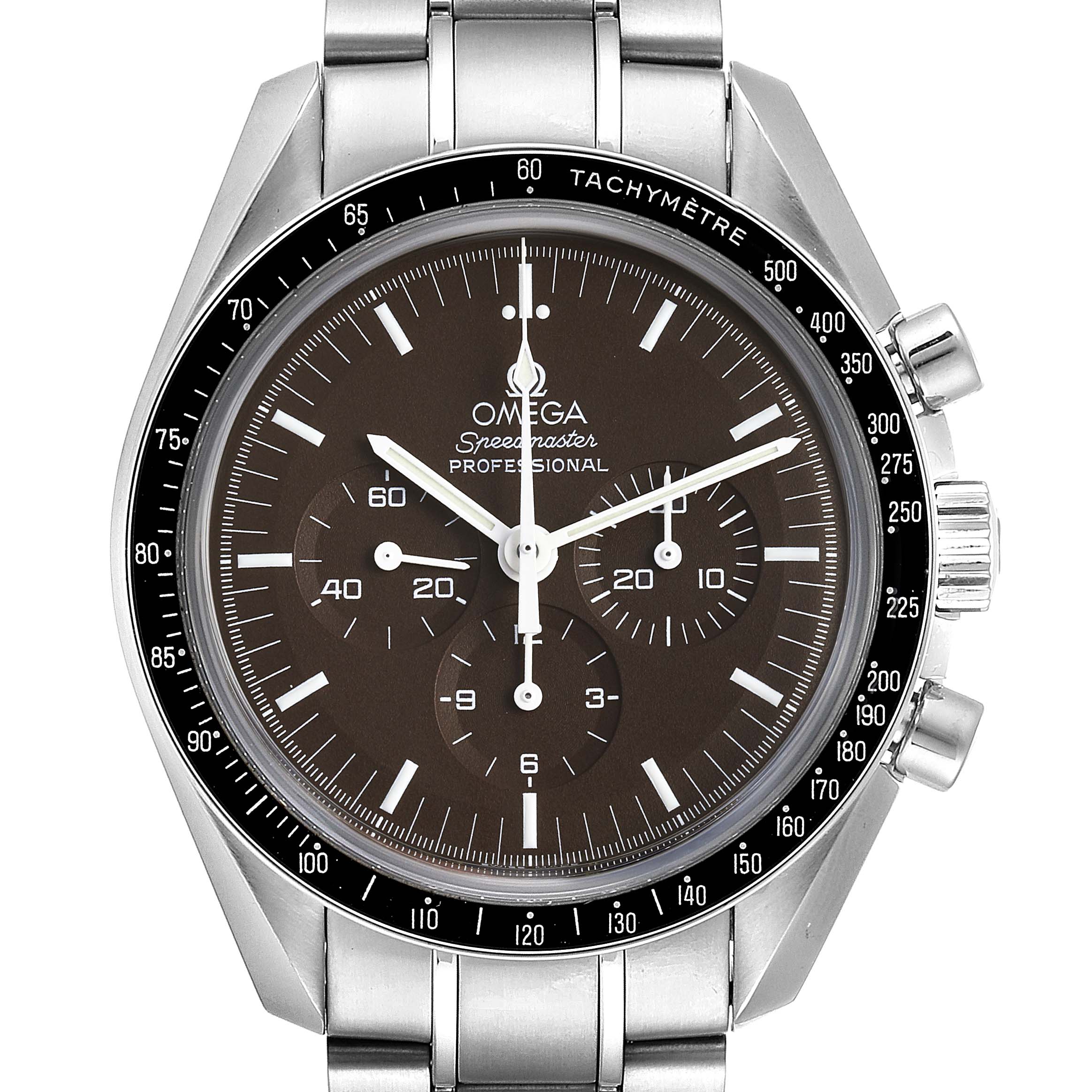 This image shows a front view of the Omega Speedmaster 311.30.42.30.13.001 Men's Stainless Steel Brown Dial 311.30.42.30.13.001 Men's Stainless Steel Brown Dial watch, displaying the dial, bezel, and metal bracelet.