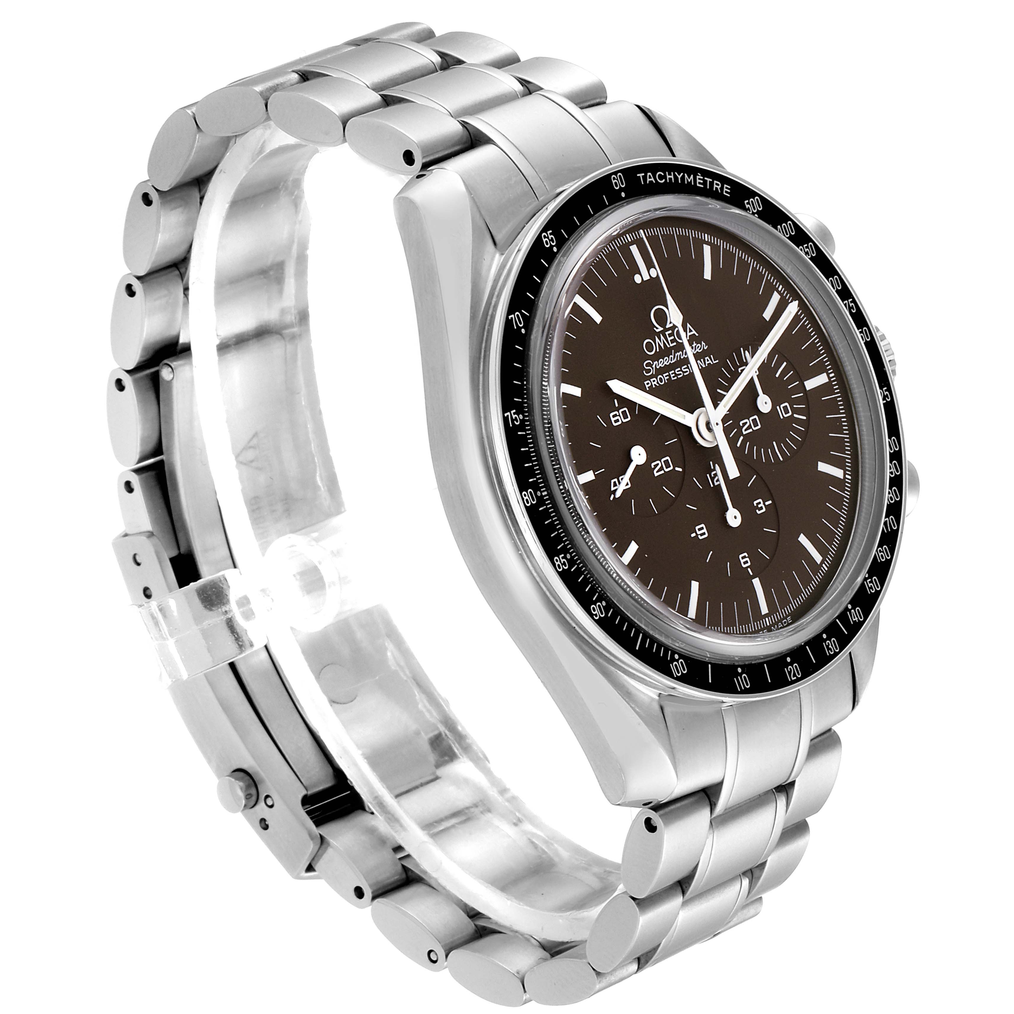 The image shows an Omega Speedmaster 311.30.42.30.13.001 Men's Stainless Steel Brown Dial 311.30.42.30.13.001 Men's Stainless Steel Brown Dial watch, with a focus on the face and stainless steel bracelet at an angled side view.