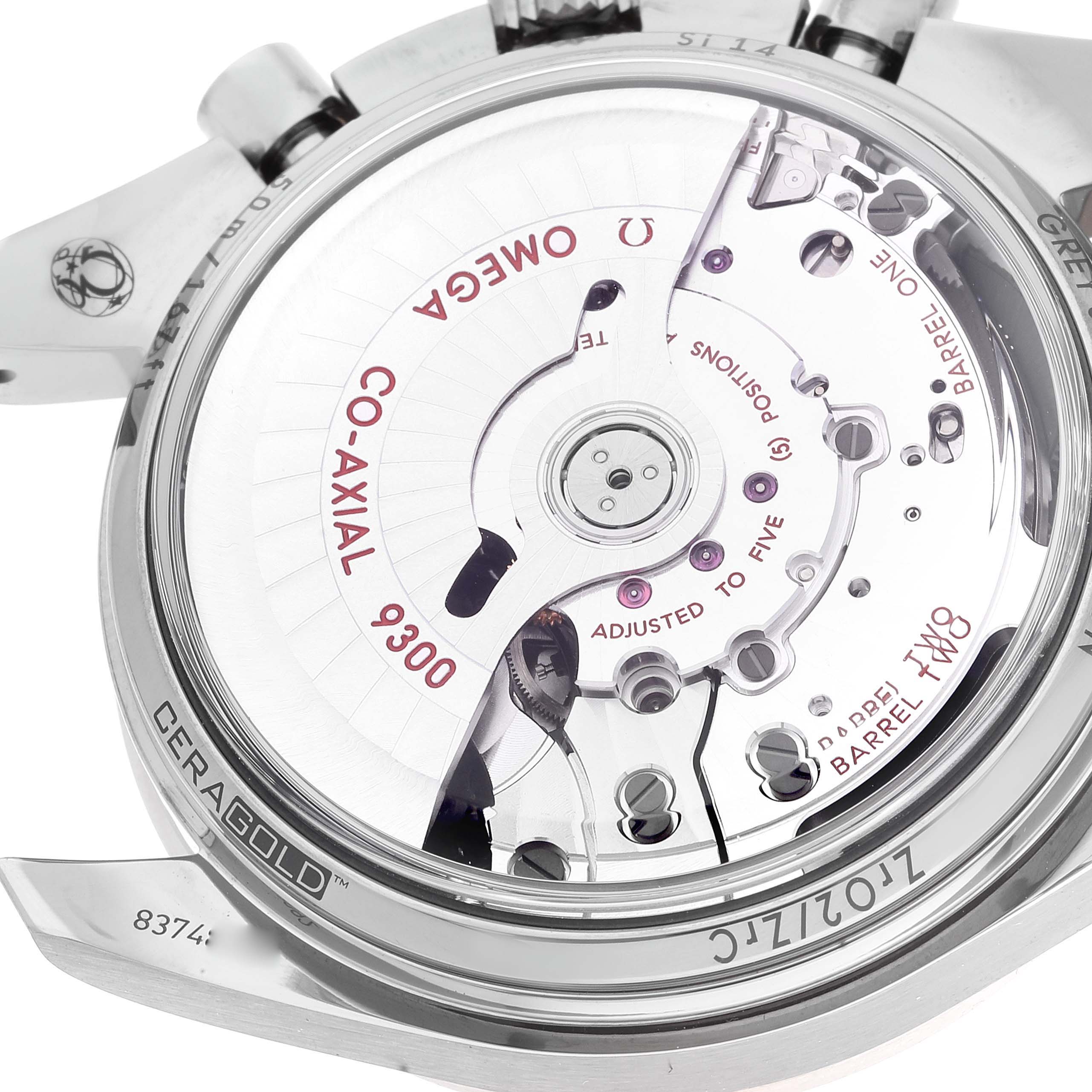 The image shows the back of the Omega Speedmaster 311.63.44.51.99.001 Men's Stainless Steel Grey Dial 311.63.44.51.99.001 Men's Stainless Steel Grey Dial model, displaying the Co-Axial 9300 movement.