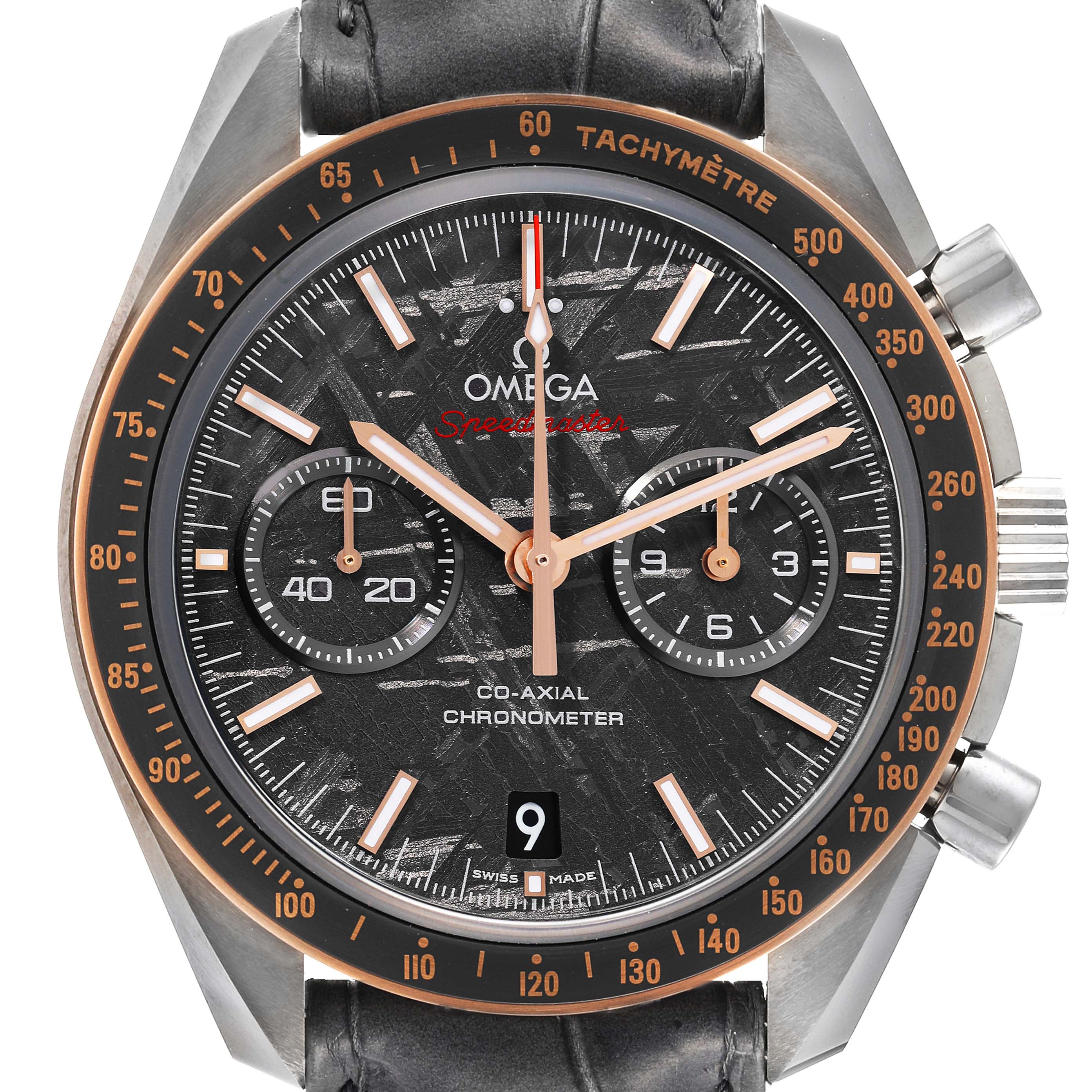 This is a frontal view of the Omega Speedmaster 311.63.44.51.99.001 Men's Stainless Steel Grey Dial 311.63.44.51.99.001 Men's Stainless Steel Grey Dial watch, showcasing its dial, subdials, bezel, and pushers.