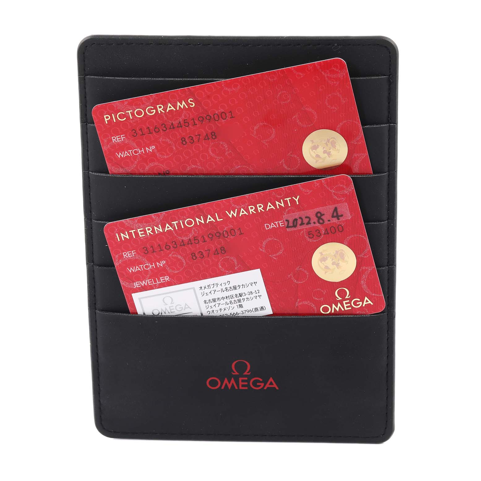 The image shows the warranty and pictogram cards for an Omega Speedmaster 311.63.44.51.99.001 Men's Stainless Steel Grey Dial 311.63.44.51.99.001 Men's Stainless Steel Grey Dial watch inside a black Omega-branded cardholder.