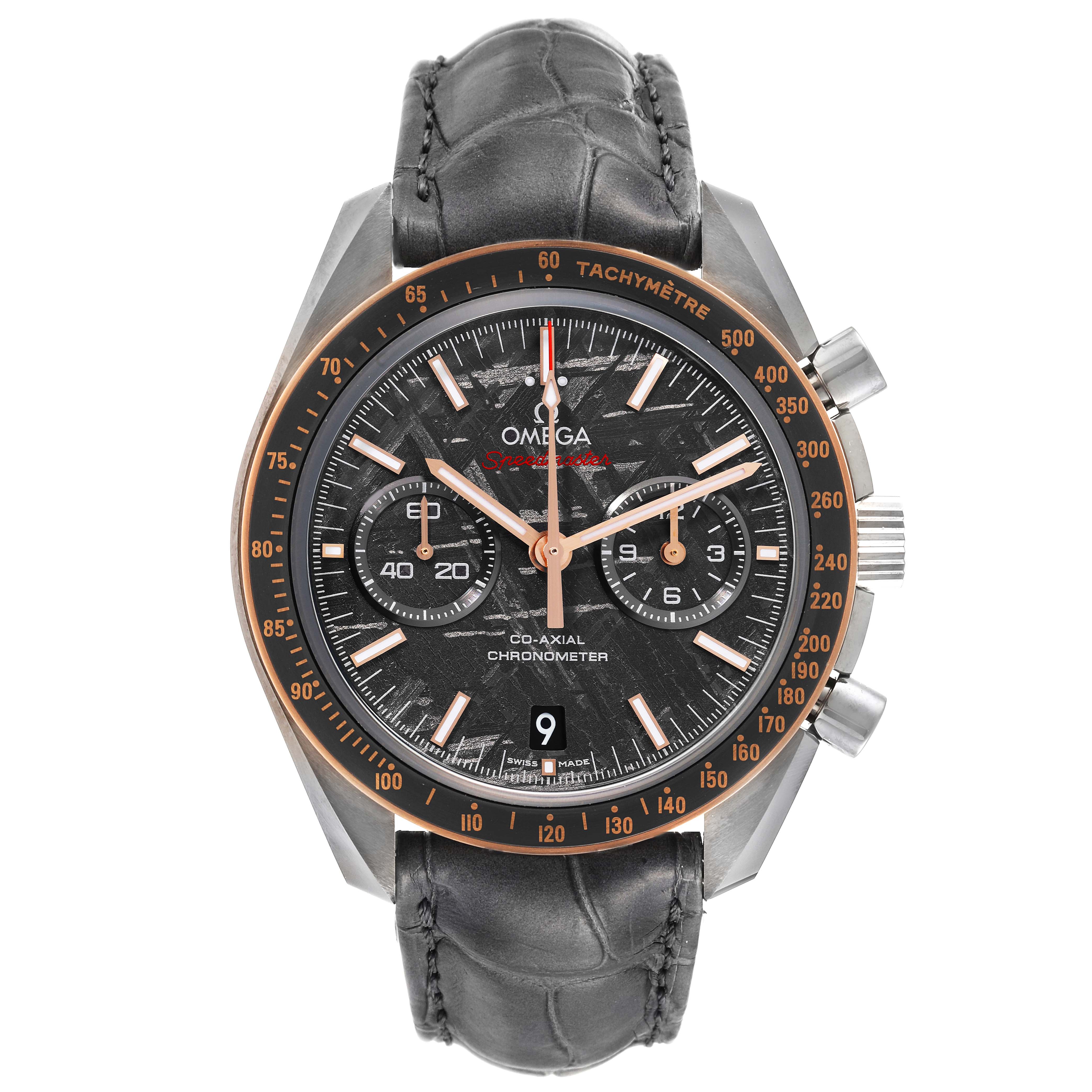 The image shows a full frontal view of an Omega Speedmaster 311.63.44.51.99.001 Men's Stainless Steel Grey Dial 311.63.44.51.99.001 Men's Stainless Steel Grey Dial watch, featuring its dial, bezel, and leather strap.