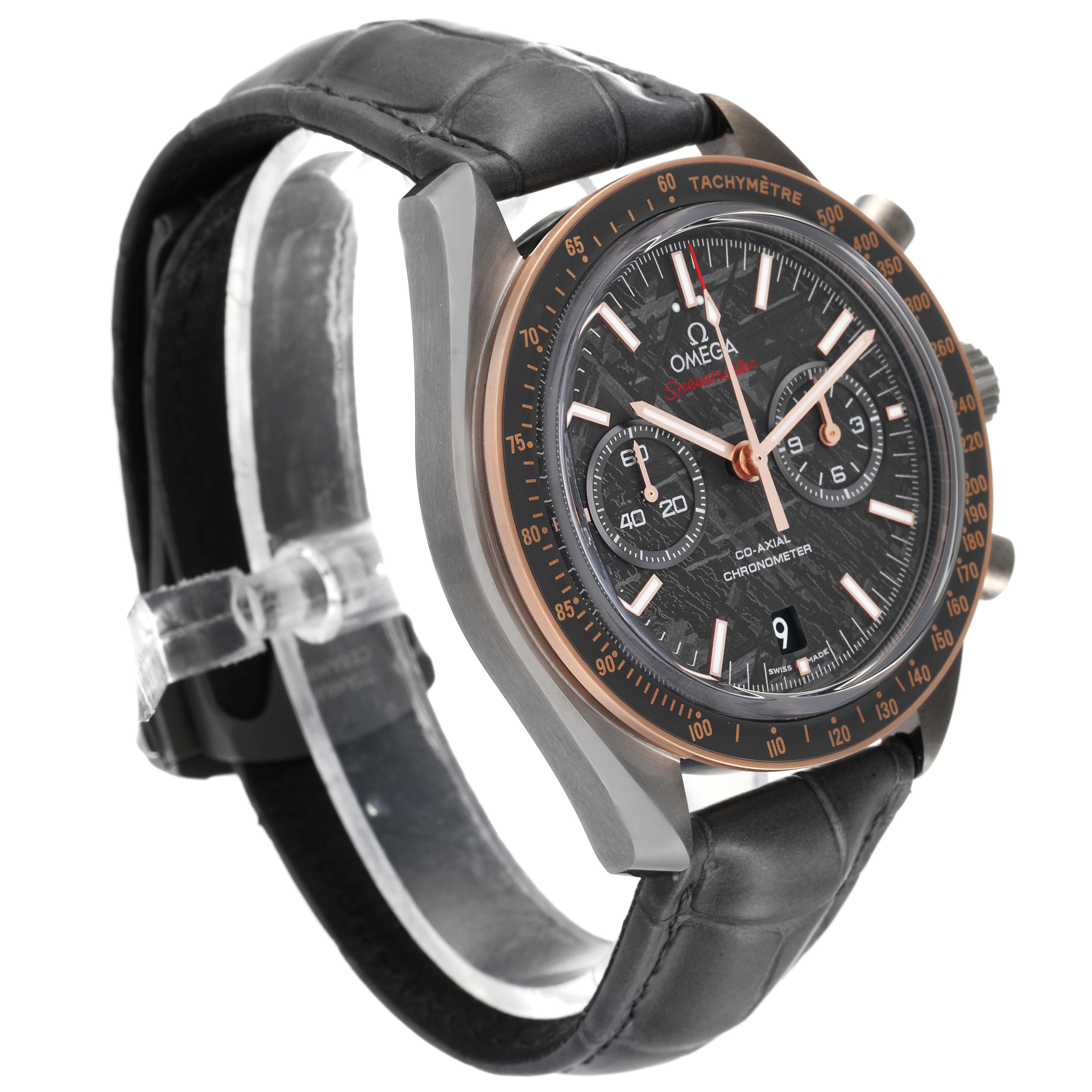 This image shows an Omega Speedmaster 311.63.44.51.99.001 Men's Stainless Steel Grey Dial 311.63.44.51.99.001 Men's Stainless Steel Grey Dial watch at a three-quarter angle, highlighting its black leather strap, chronograph dials, and tachymeter bezel.