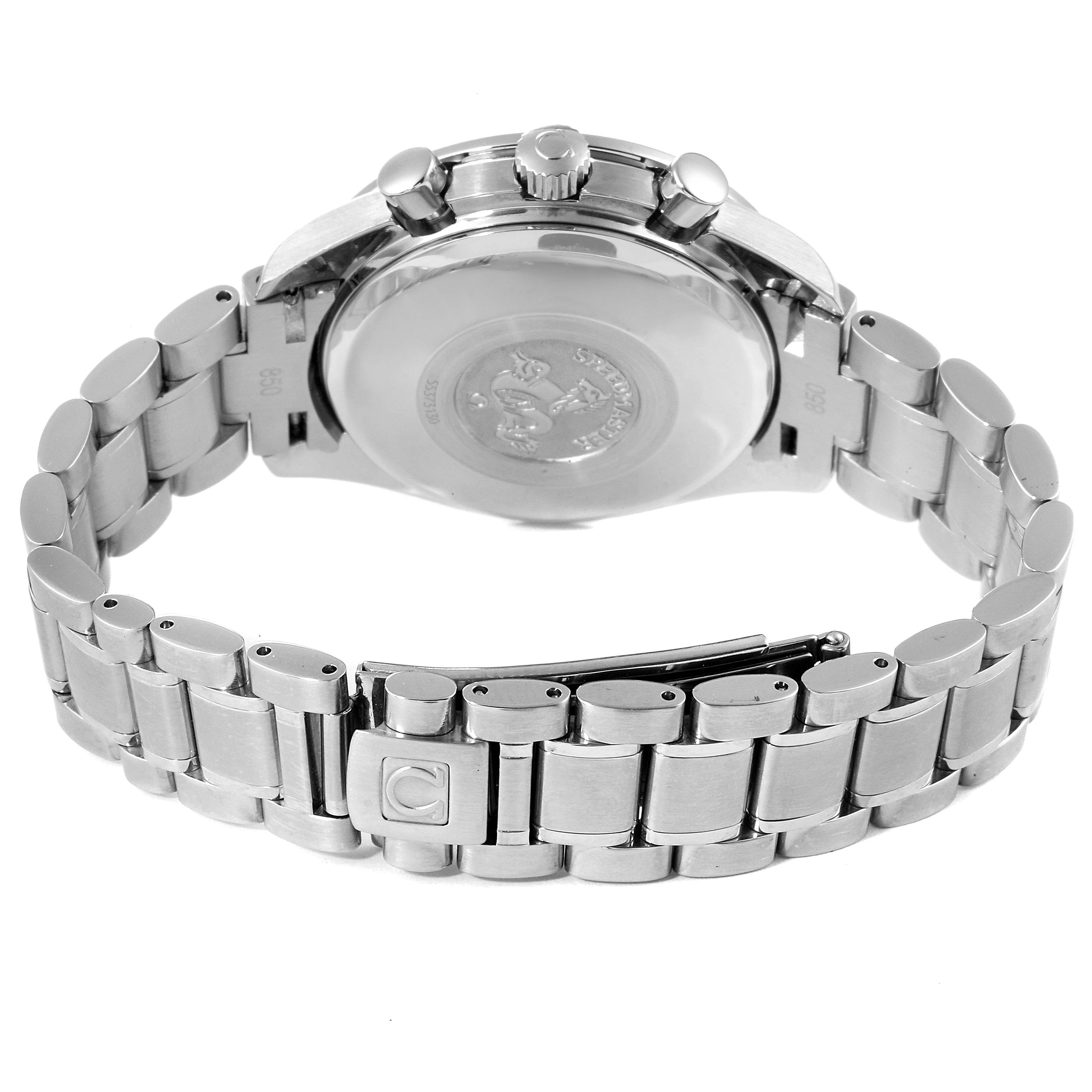 The image shows the back and bracelet of an Omega Speedmaster 3520.53.00 Men's Stainless Steel Grey Dial 3520.53.00 Men's Stainless Steel Grey Dial watch, highlighting its clasp and rear case details.