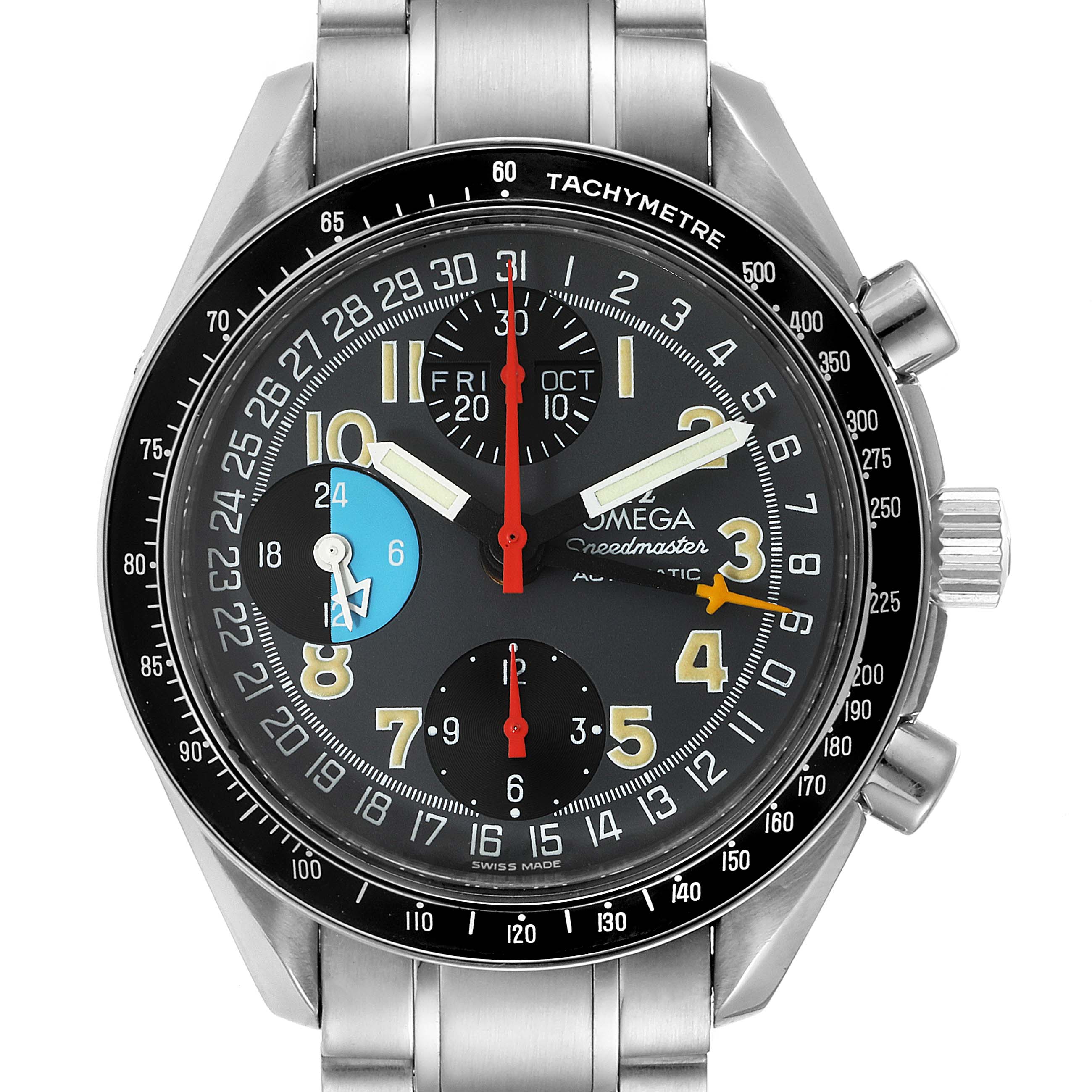 The image shows a front view of the Omega Speedmaster 3520.53.00 Men's Stainless Steel Grey Dial 3520.53.00 Men's Stainless Steel Grey Dial watch, displaying its dial, sub-dials, tachymeter, and pushers.