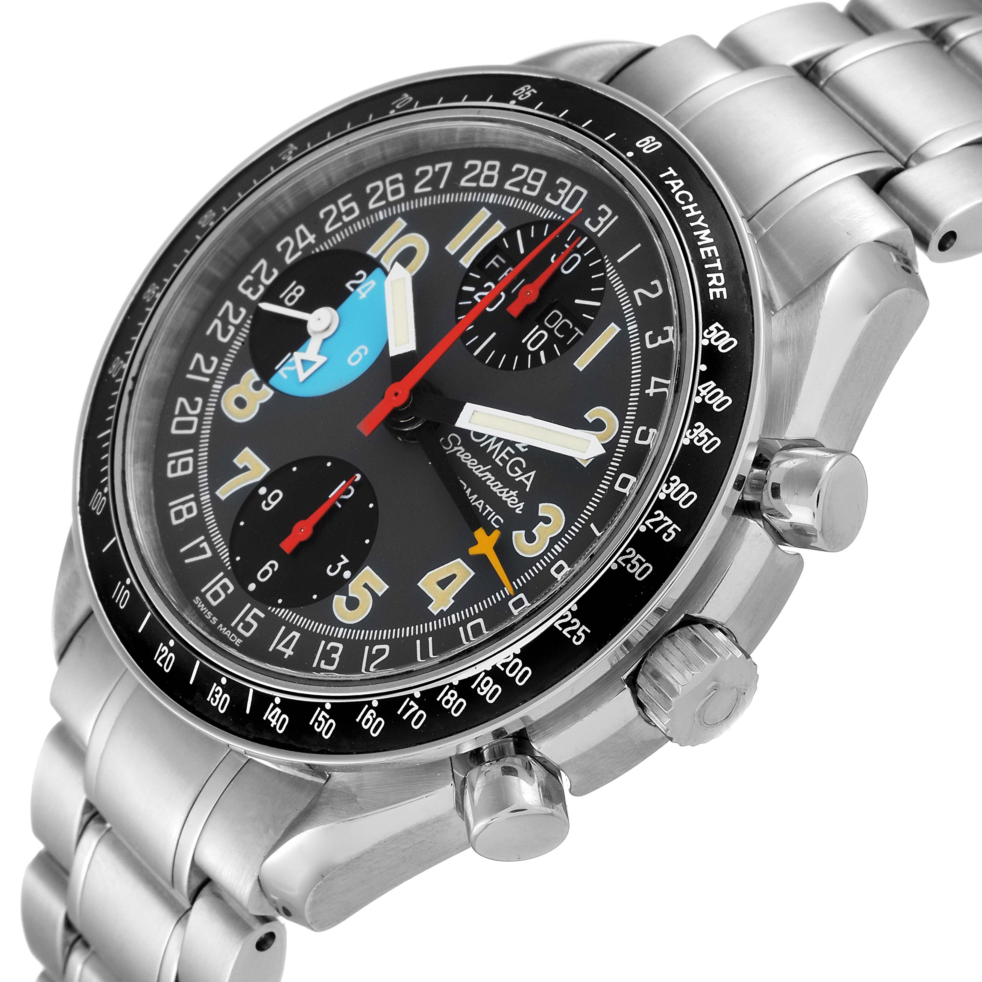 The image shows an Omega Speedmaster 3520.53.00 Men's Stainless Steel Grey Dial 3520.53.00 Men's Stainless Steel Grey Dial watch at an angled view, highlighting the dial, case, chronograph buttons, and bracelet.