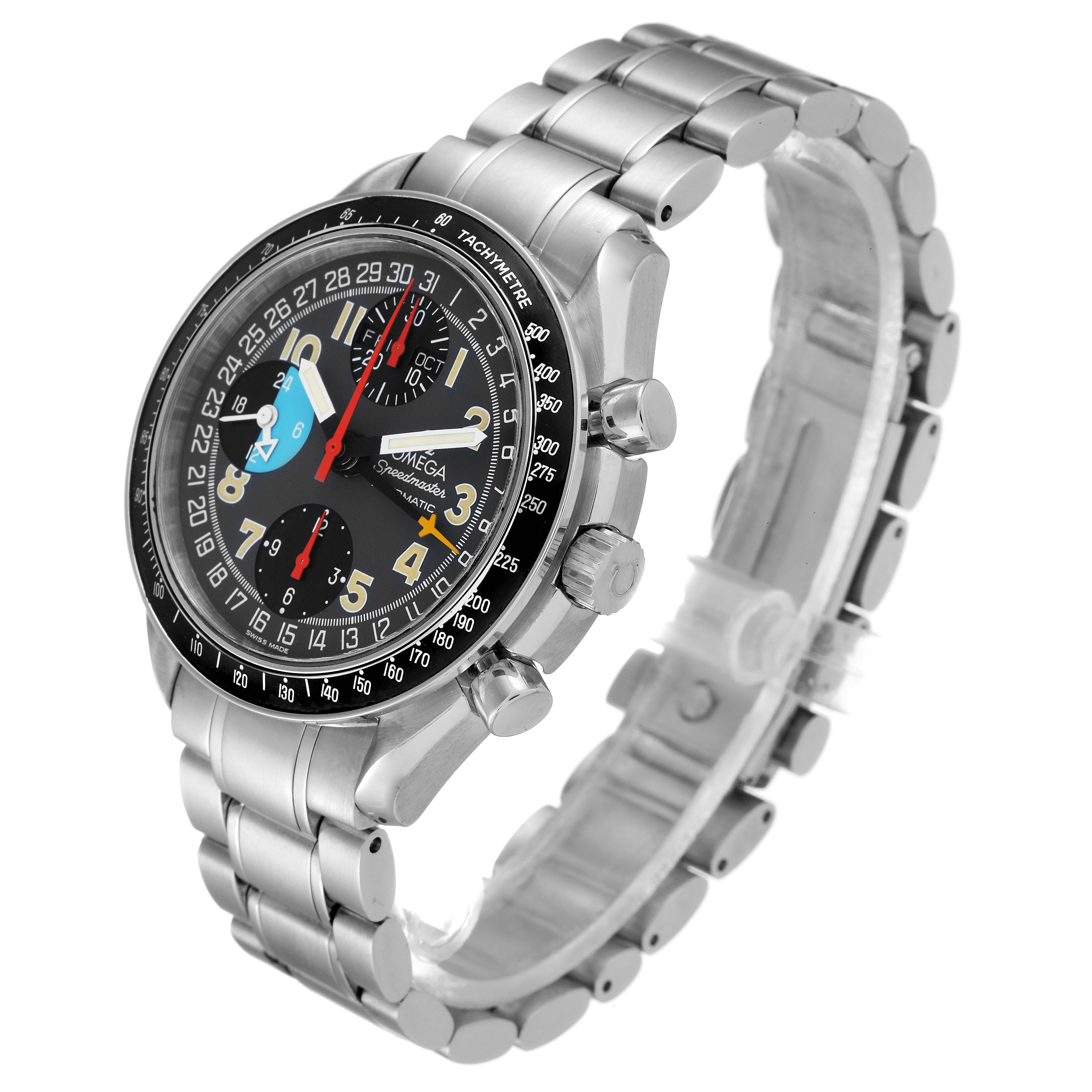 The image shows an Omega Speedmaster 3520.53.00 Men's Stainless Steel Grey Dial 3520.53.00 Men's Stainless Steel Grey Dial watch from a high angle, highlighting its dial, bezel, crown, pushers, and bracelet.