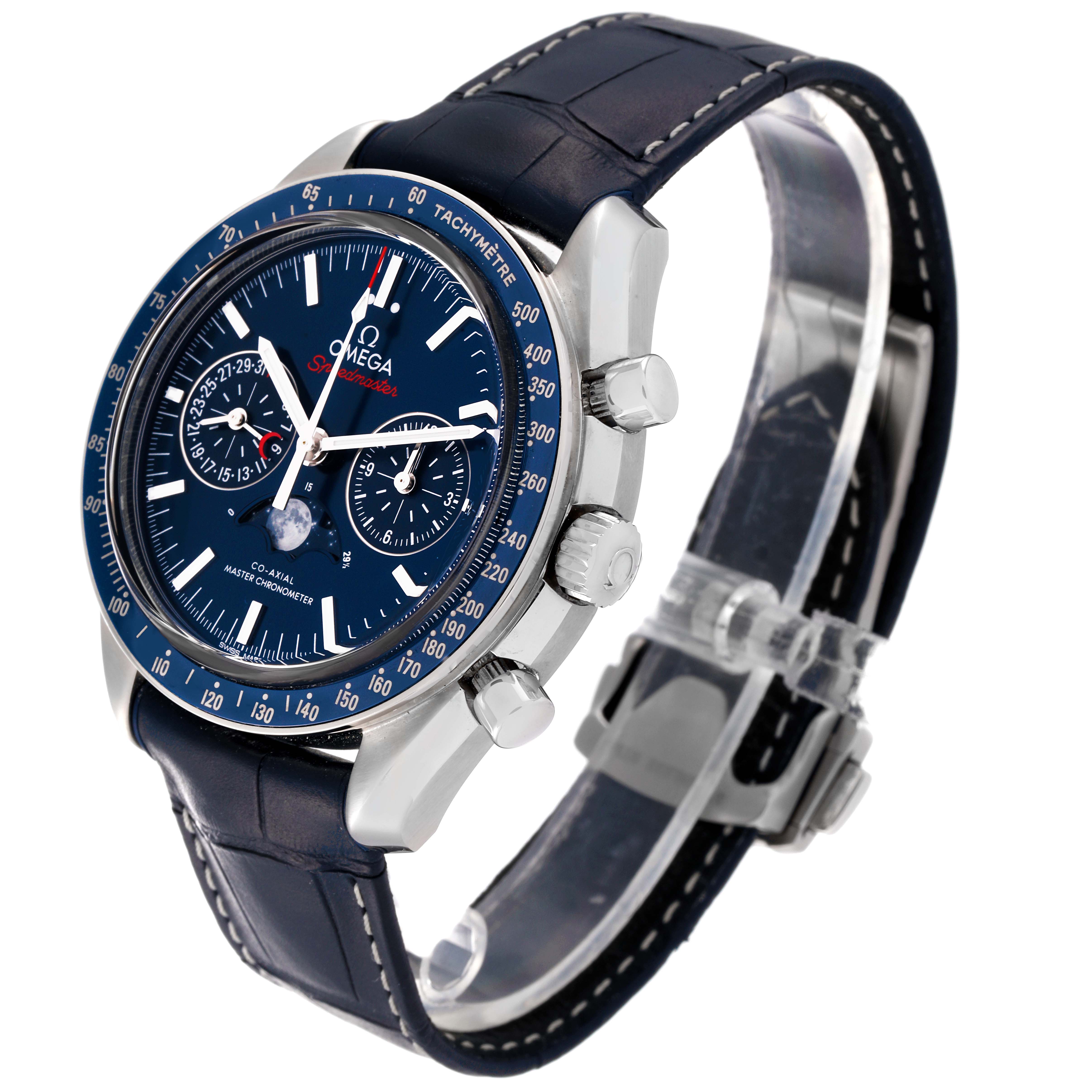 The image shows an angled side view of an Omega Speedmaster 304.33.44.52.03.001 Men's Stainless Steel Blue Dial 304.33.44.52.03.001 Men's Stainless Steel Blue Dial watch, highlighting its tachymeter bezel, chronograph sub-dials, and leather strap.
