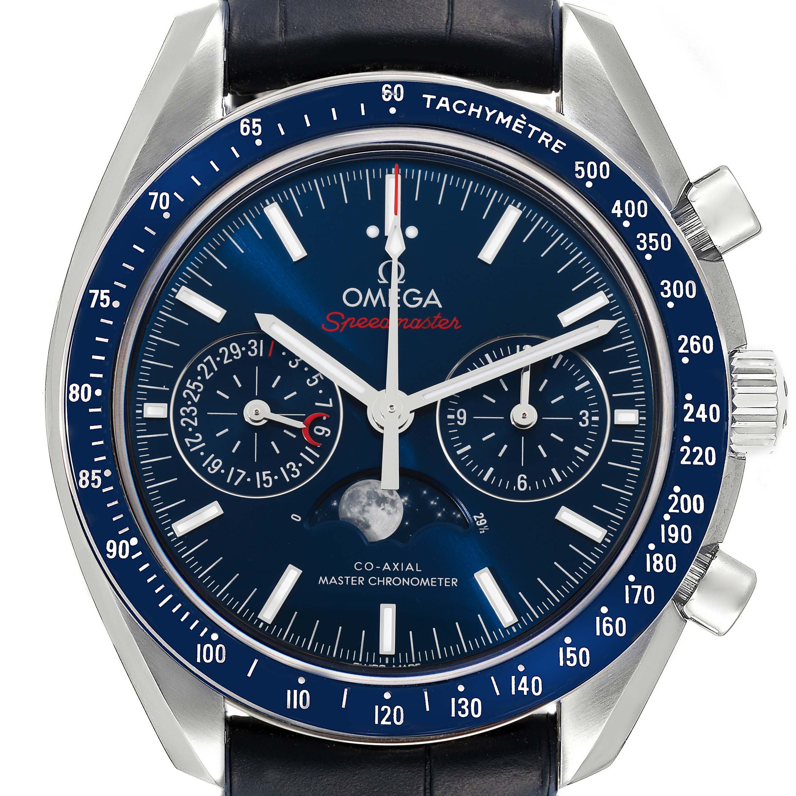 This image shows a front view of the Omega Speedmaster 304.33.44.52.03.001 Men's Stainless Steel Blue Dial 304.33.44.52.03.001 Men's Stainless Steel Blue Dial watch, highlighting its face, bezel, and leather strap.