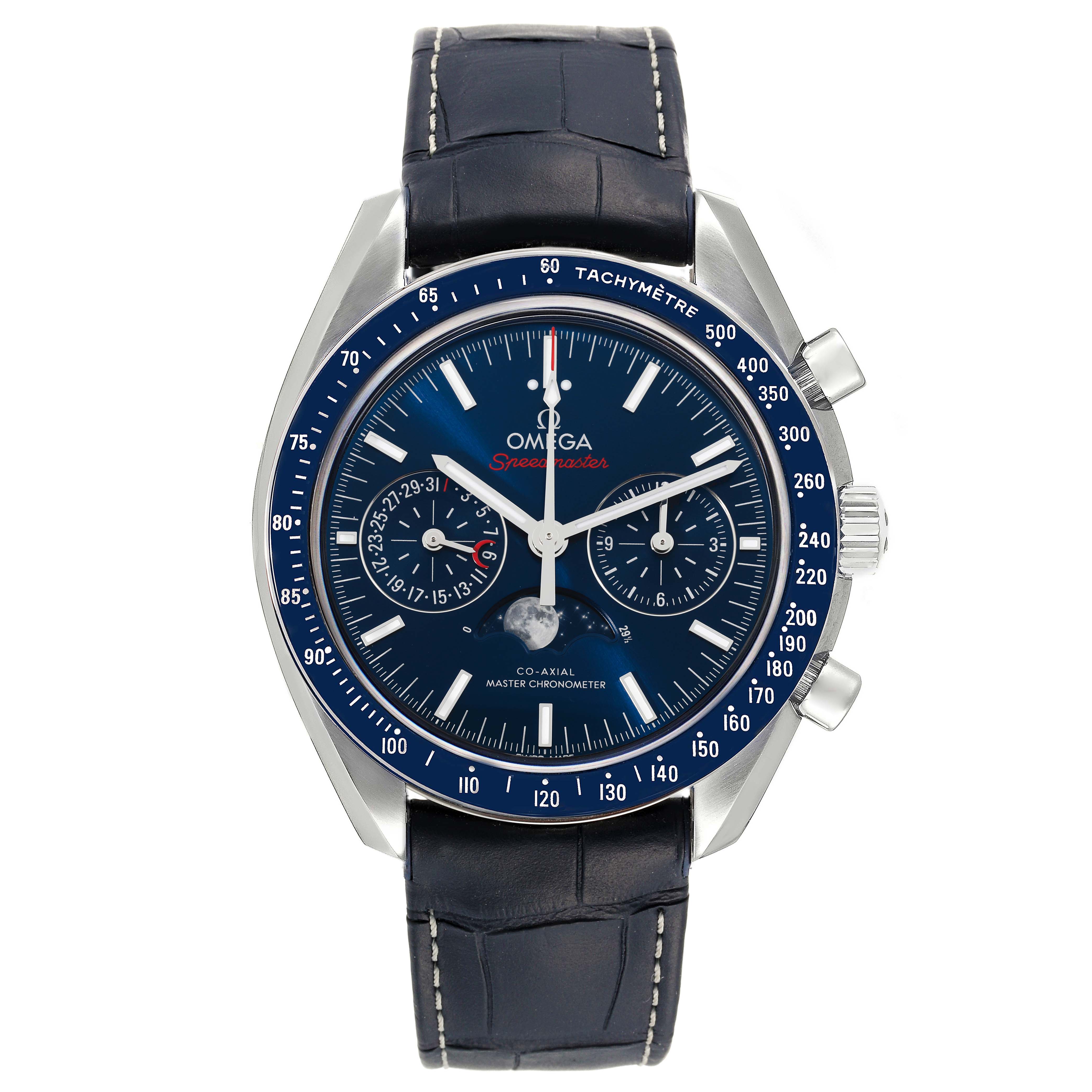 The Omega Speedmaster 304.33.44.52.03.001 Men's Stainless Steel Blue Dial 304.33.44.52.03.001 Men's Stainless Steel Blue Dial watch is shown from the front, displaying the dial, bezel, chronograph subdials, and leather strap.