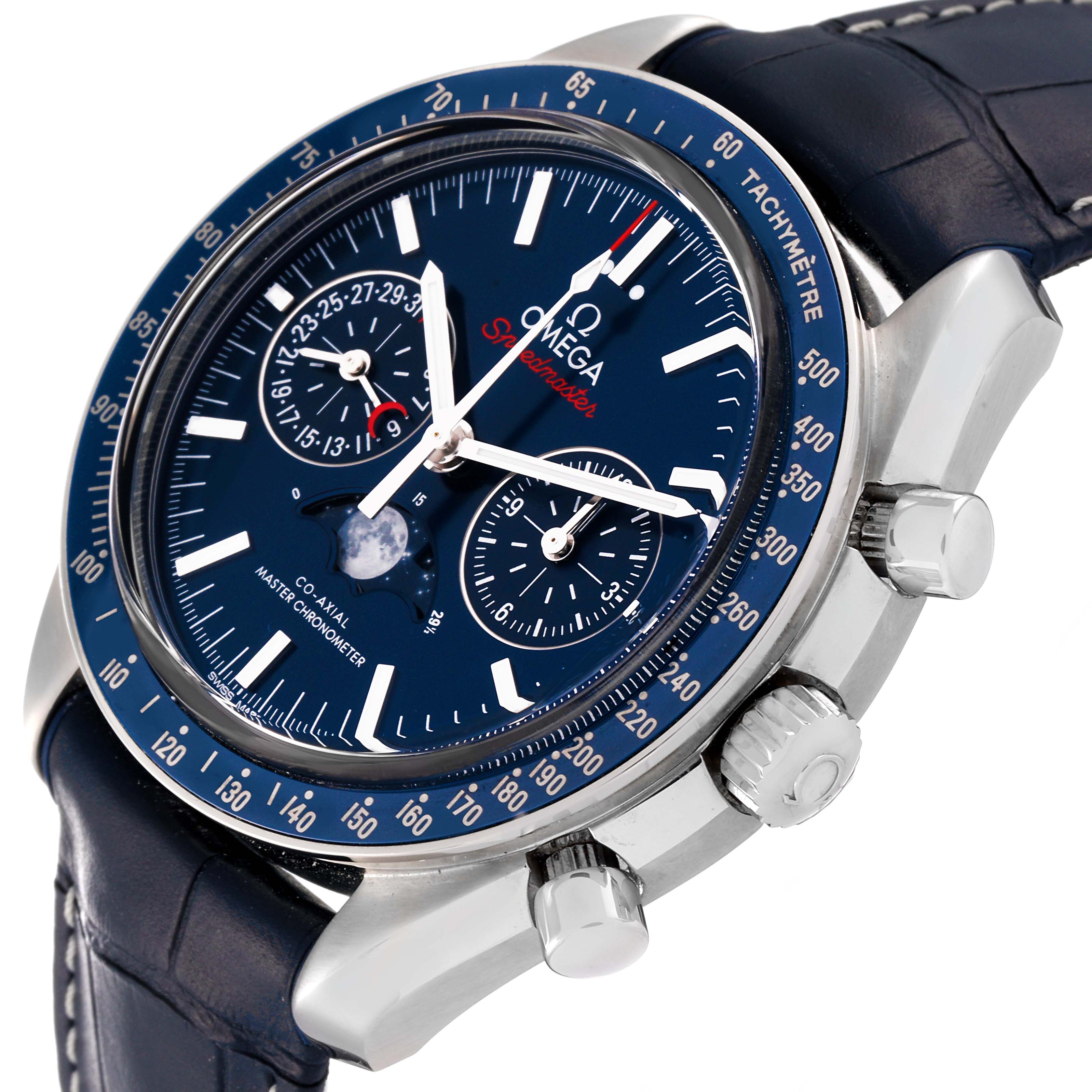 The image shows a close-up side angle of the Omega Speedmaster 304.33.44.52.03.001 Men's Stainless Steel Blue Dial 304.33.44.52.03.001 Men's Stainless Steel Blue Dial watch, highlighting the dial, bezel, crown, pushers, and part of the leather strap.