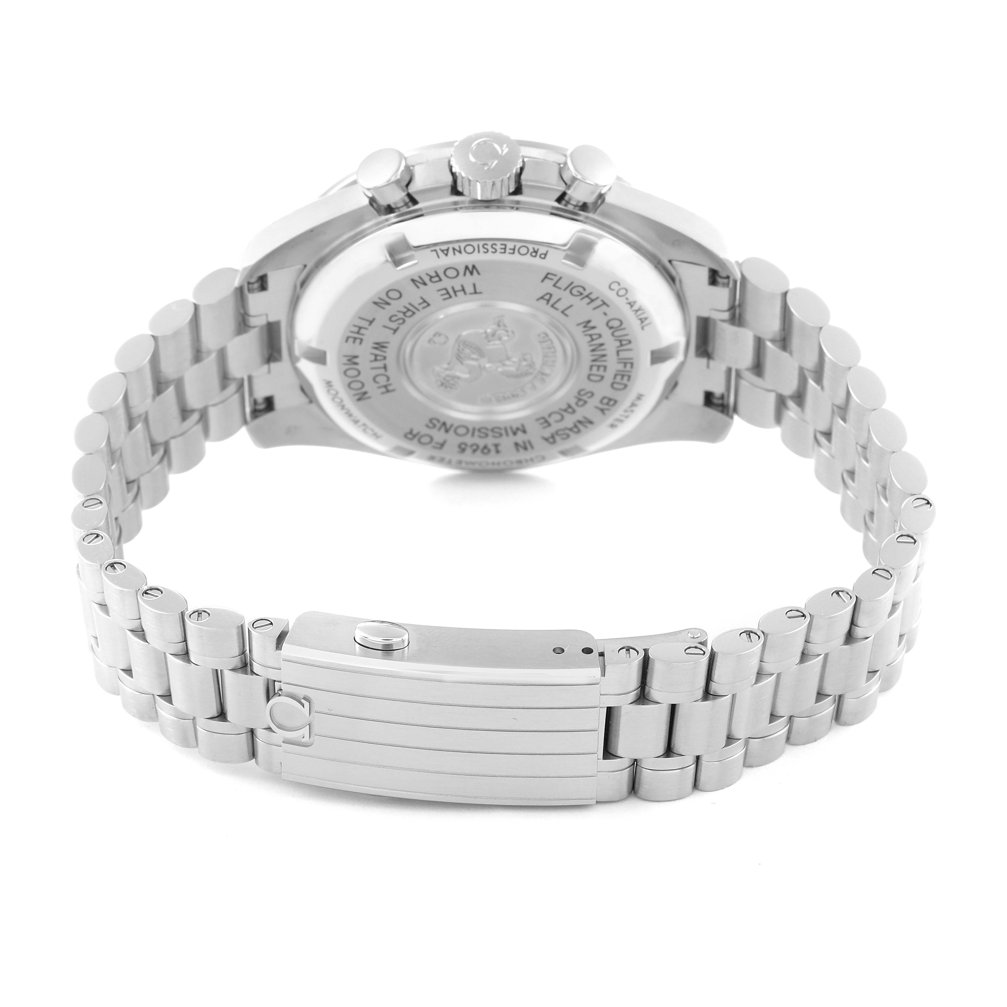 The image shows the back and bracelet of an Omega Speedmaster 310.30.42.50.01.001 Men
s Stainless Steel Black Dial 310.30.42.50.01.001 Men
s Stainless Steel Black Dial watch, highlighting the clasp and case back.