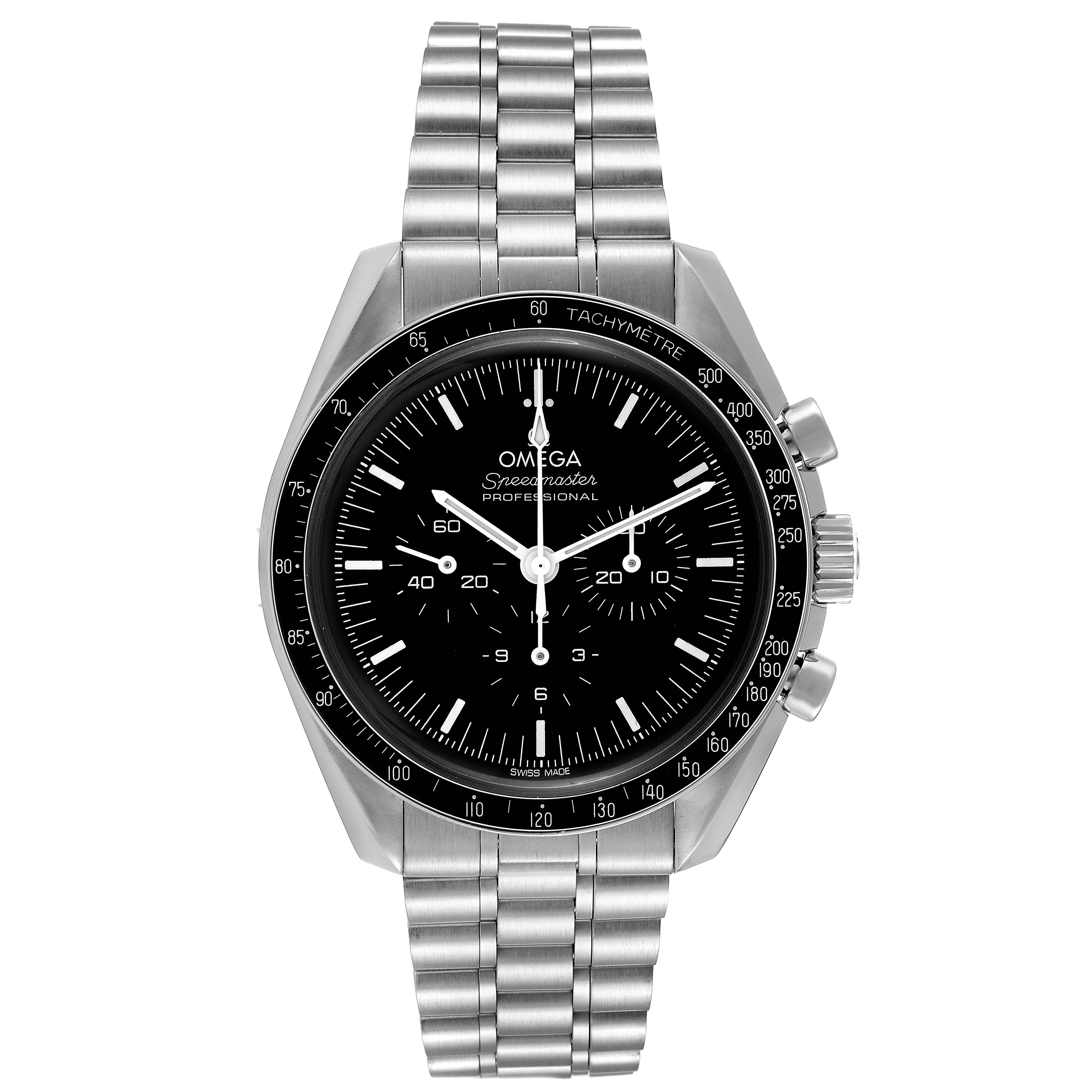 The image shows a front view of an Omega Speedmaster 310.30.42.50.01.001 Men
s Stainless Steel Black Dial 310.30.42.50.01.001 Men
s Stainless Steel Black Dial watch with its stainless steel band and tachymeter bezel.