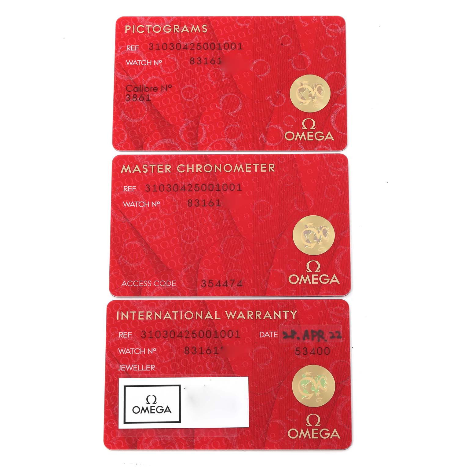 The image shows Pictograms, Master Chronometer, and International Warranty cards for an Omega Speedmaster 310.30.42.50.01.001 Men
s Stainless Steel Black Dial 310.30.42.50.01.001 Men
s Stainless Steel Black Dial watch.