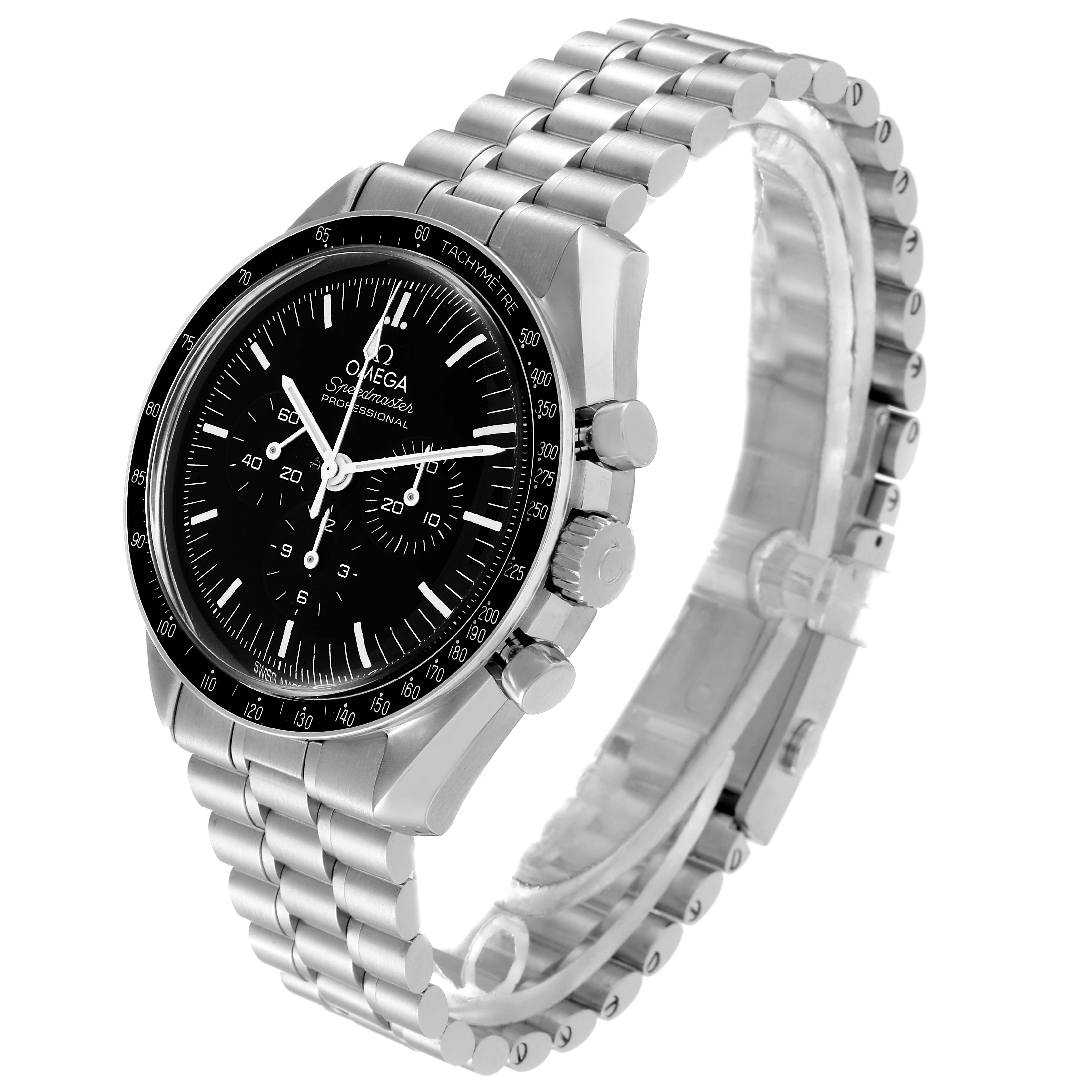 The image shows a side angle of an Omega Speedmaster 310.30.42.50.01.001 Men
s Stainless Steel Black Dial 310.30.42.50.01.001 Men
s Stainless Steel Black Dial watch, highlighting its face, bezel, and stainless steel bracelet.