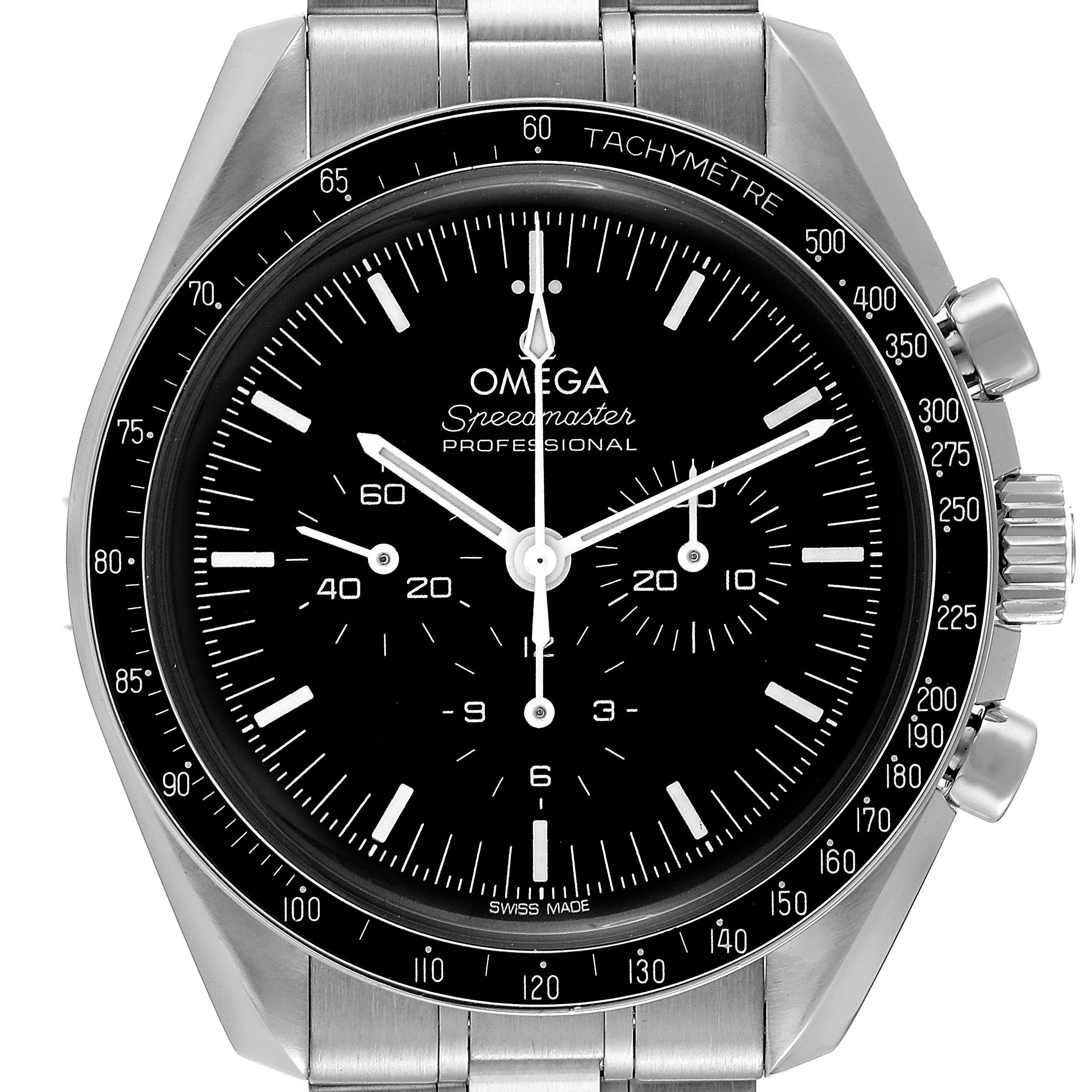 This image shows a front view of an Omega Speedmaster 310.30.42.50.01.001 Men
s Stainless Steel Black Dial 310.30.42.50.01.001 Men
s Stainless Steel Black Dial watch, highlighting its dial, bezel, and chronograph pushers.