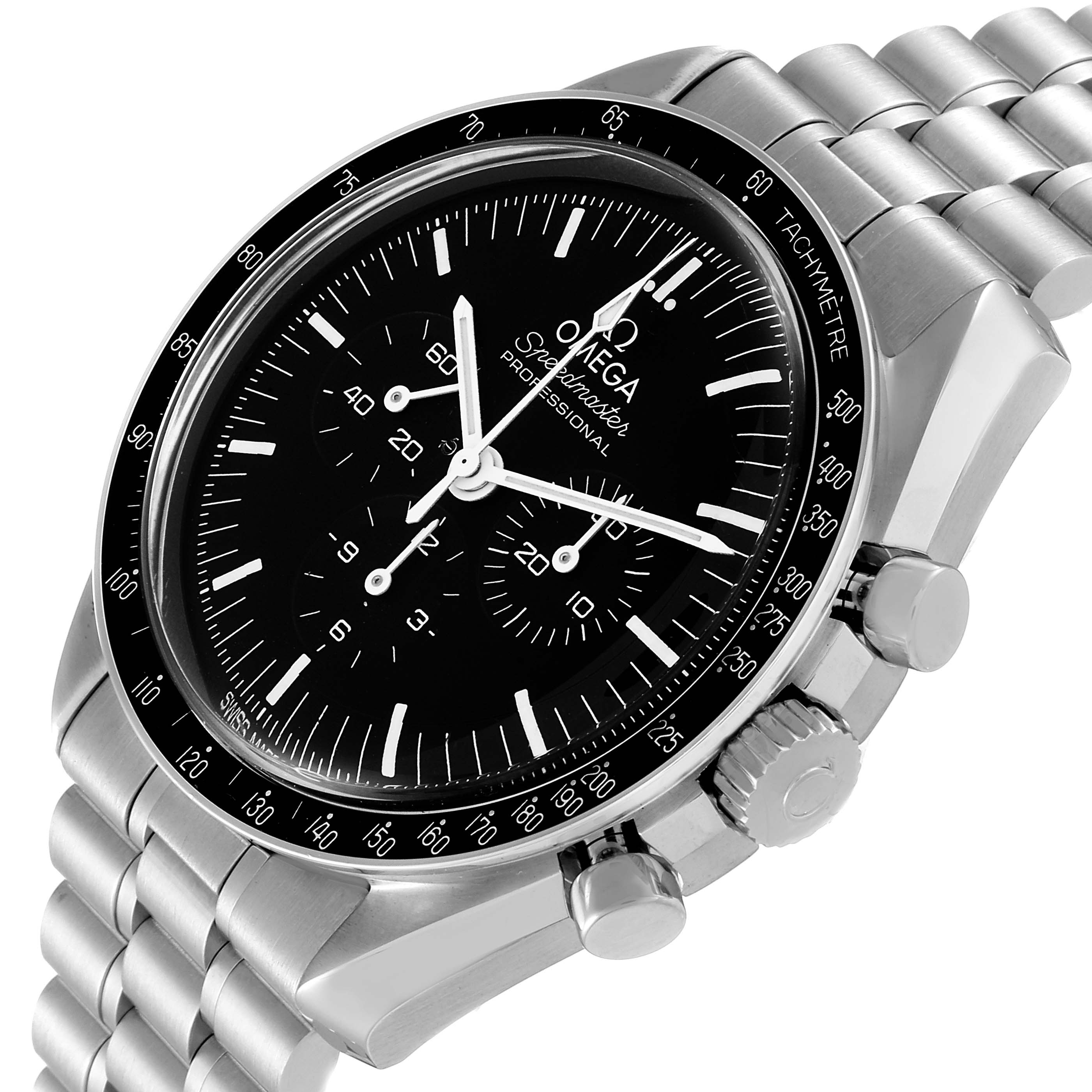 The image shows an angled view of the Omega Speedmaster 310.30.42.50.01.001 Men
s Stainless Steel Black Dial 310.30.42.50.01.001 Men
s Stainless Steel Black Dial watch, highlighting the dial, bezel, pushers, crown, and bracelet.