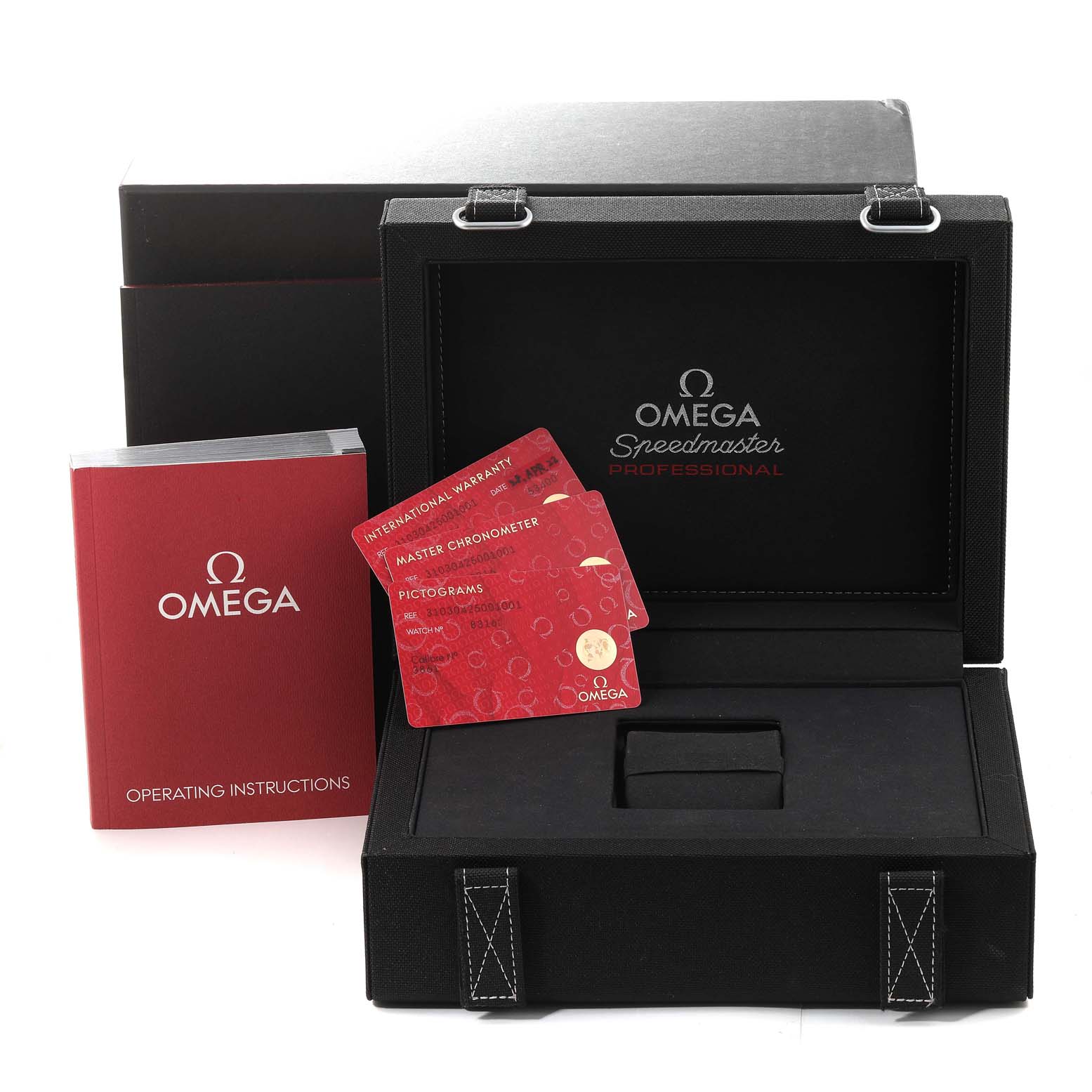 The image shows the packaging box, instruction manual, and warranty cards for an Omega Speedmaster 310.30.42.50.01.001 Men
s Stainless Steel Black Dial 310.30.42.50.01.001 Men
s Stainless Steel Black Dial model.