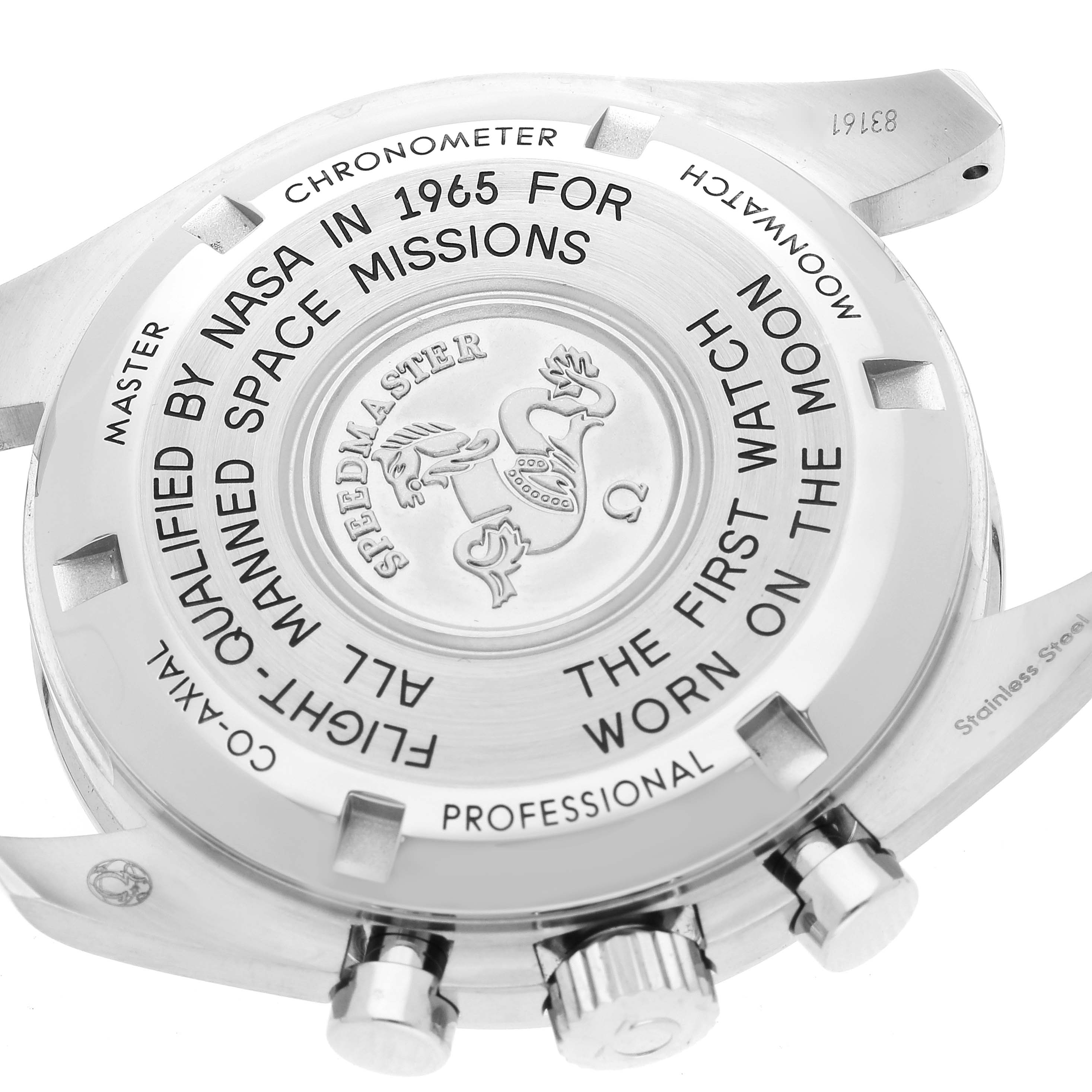 This image shows the case back of an Omega Speedmaster 310.30.42.50.01.001 Men
s Stainless Steel Black Dial 310.30.42.50.01.001 Men
s Stainless Steel Black Dial watch from an angled view, highlighting the engravings and pushers.