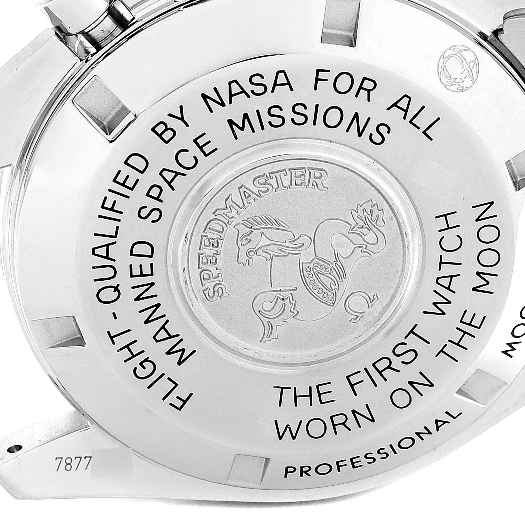 The image shows the back case of the Omega Speedmaster 311.30.42.30.01.005 Men
s Stainless Steel Black Dial 311.30.42.30.01.005 Men
s Stainless Steel Black Dial watch with engraved text and logo.