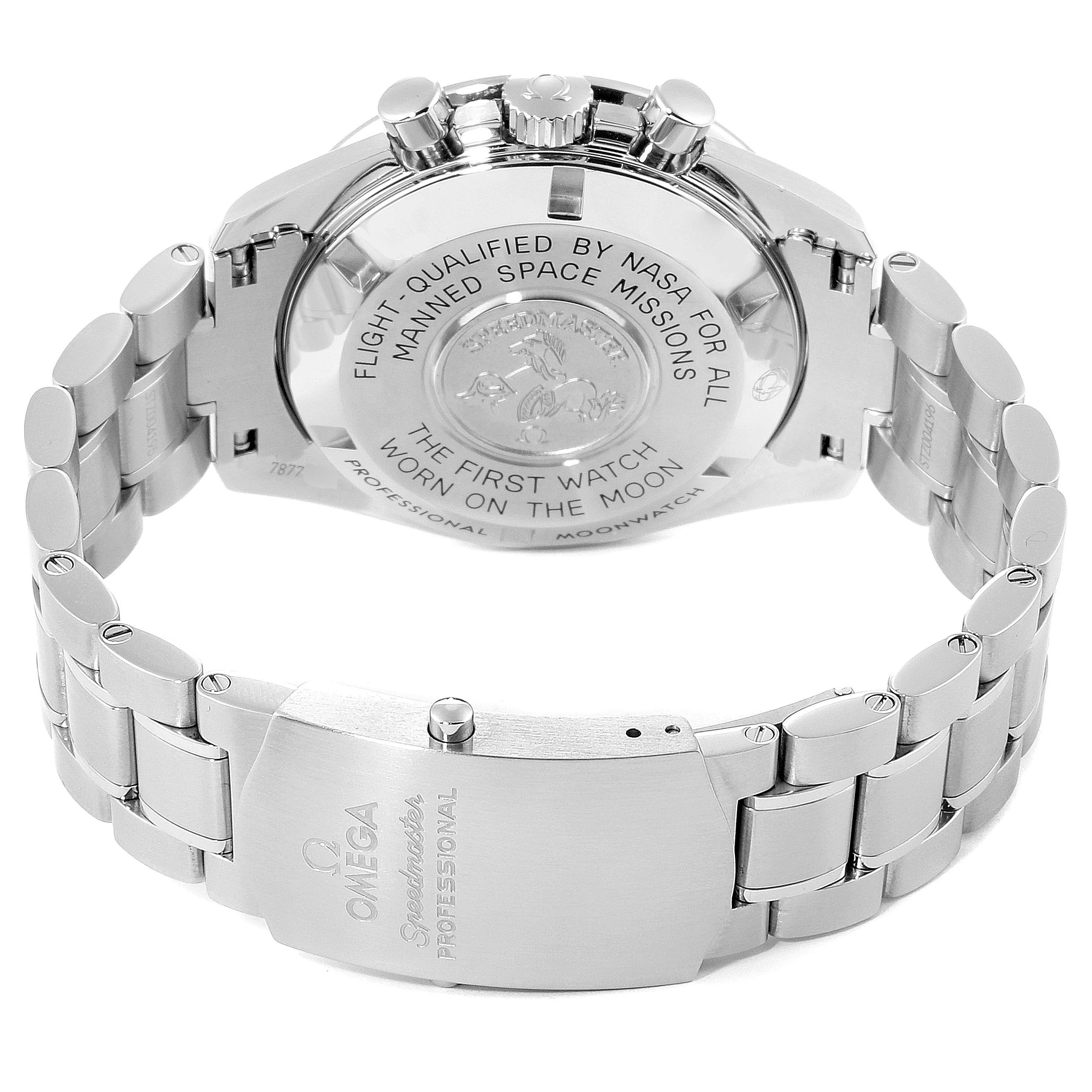 The image shows the back casing, bracelet, and clasp of an Omega Speedmaster 311.30.42.30.01.005 Men
s Stainless Steel Black Dial 311.30.42.30.01.005 Men
s Stainless Steel Black Dial watch.