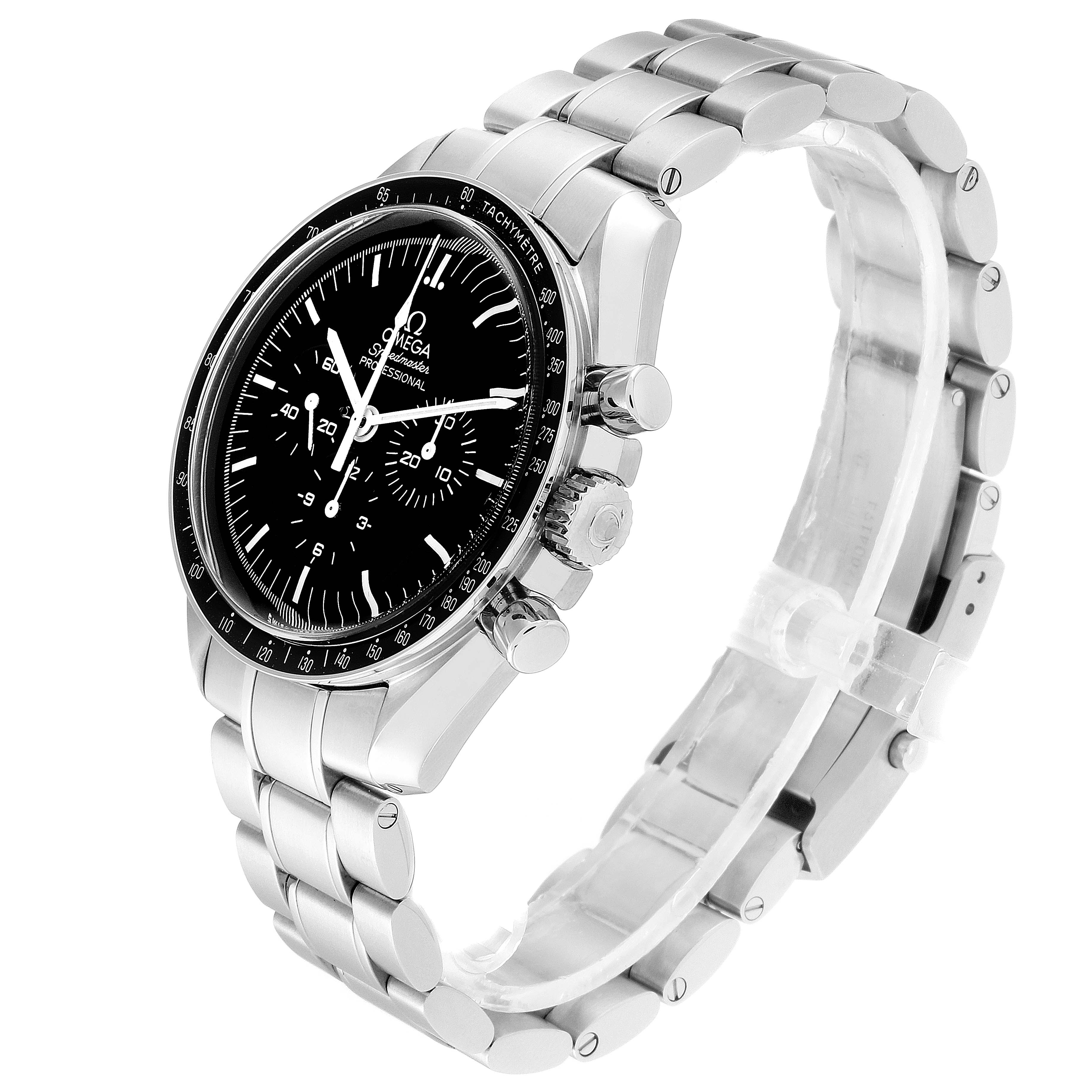 The Omega Speedmaster 311.30.42.30.01.005 Men
s Stainless Steel Black Dial 311.30.42.30.01.005 Men
s Stainless Steel Black Dial watch is shown at an angle highlighting the dial, bezel, and stainless steel bracelet.