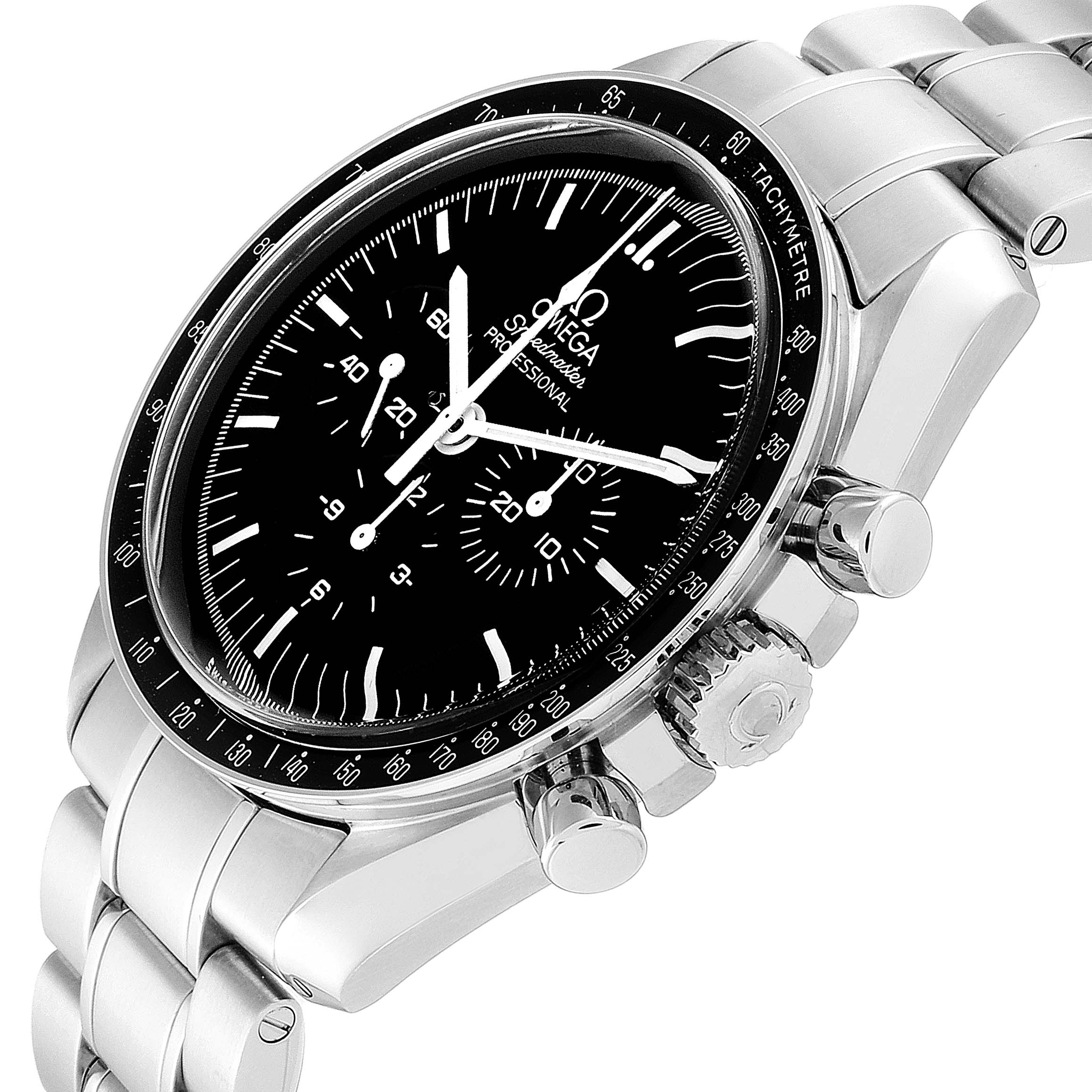 The image shows an Omega Speedmaster 311.30.42.30.01.005 Men
s Stainless Steel Black Dial 311.30.42.30.01.005 Men
s Stainless Steel Black Dial watch at an angled side view, highlighting its dial, bezel, crown, and pushers.