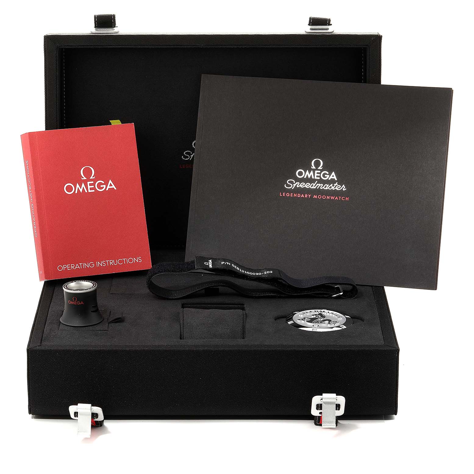 This image shows the Omega Speedmaster 311.30.42.30.01.005 Men
s Stainless Steel Black Dial 311.30.42.30.01.005 Men
s Stainless Steel Black Dial watch with its accessories, including a manual, a magnifying glass, and a strap, all housed in a case.