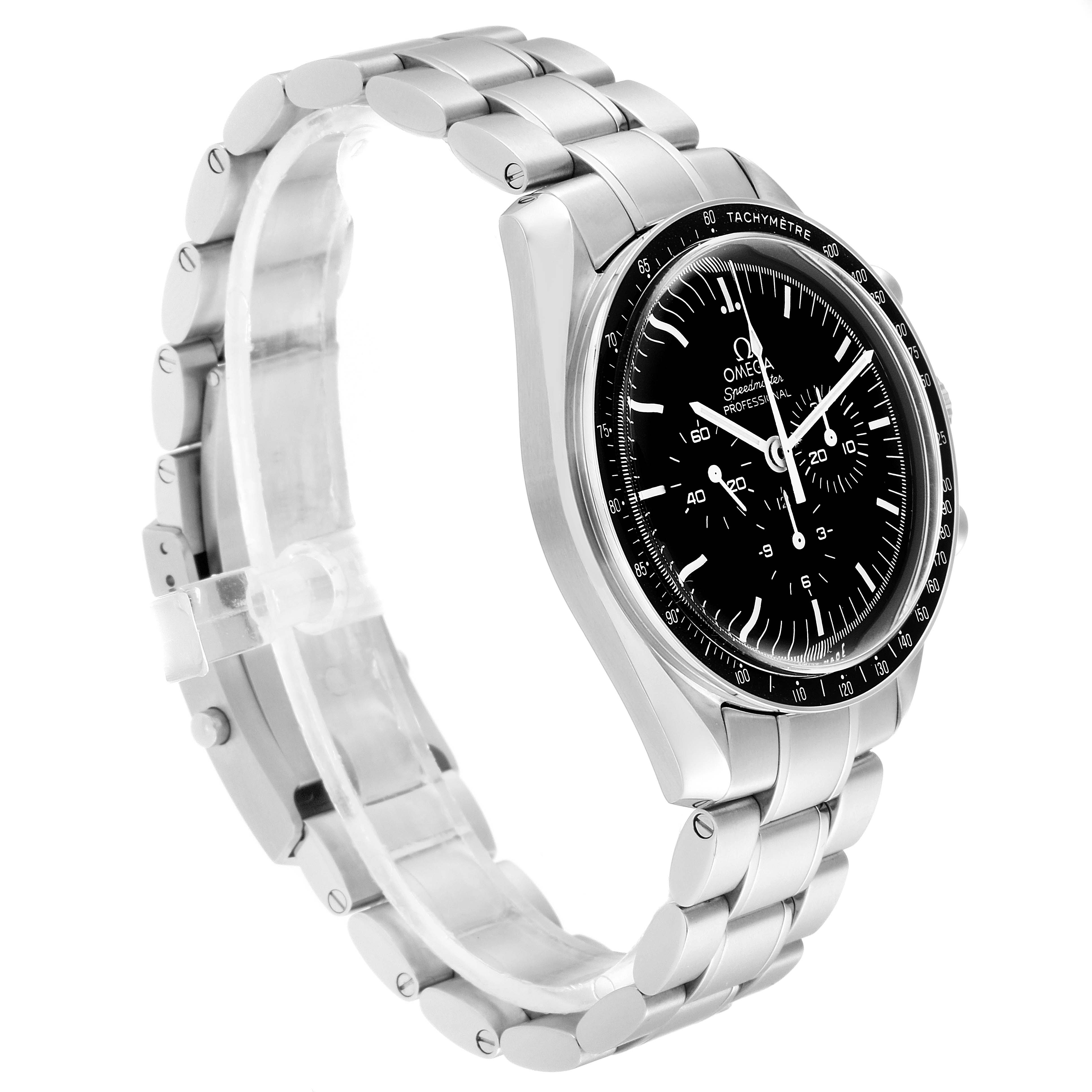 The Omega Speedmaster 311.30.42.30.01.005 Men
s Stainless Steel Black Dial 311.30.42.30.01.005 Men
s Stainless Steel Black Dial watch is shown at a three-quarter angle highlighting the face, bezel, and metal bracelet.