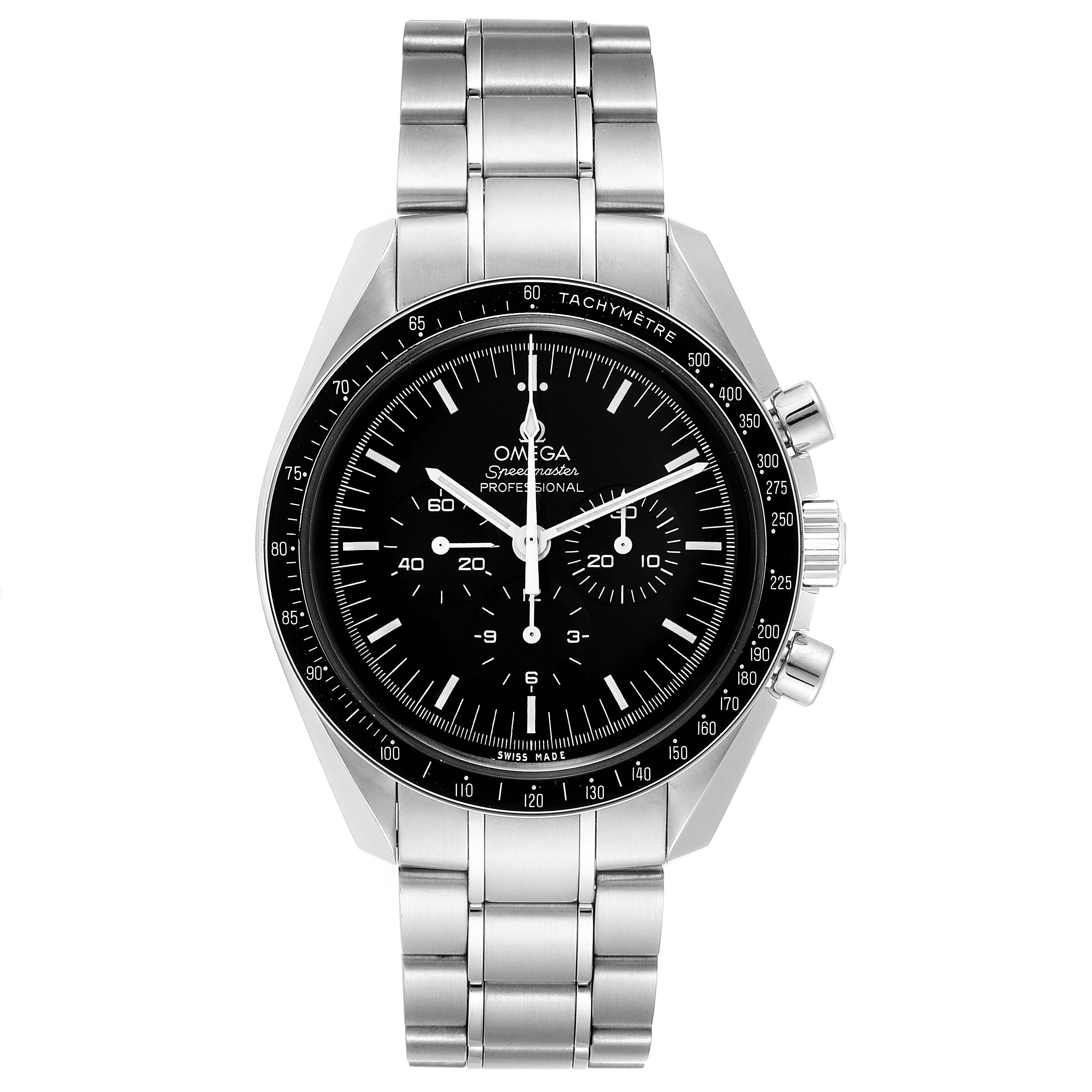 The image shows a front view of the Omega Speedmaster 311.30.42.30.01.005 Men
s Stainless Steel Black Dial 311.30.42.30.01.005 Men
s Stainless Steel Black Dial watch, highlighting the dial, bezel, and stainless steel bracelet.