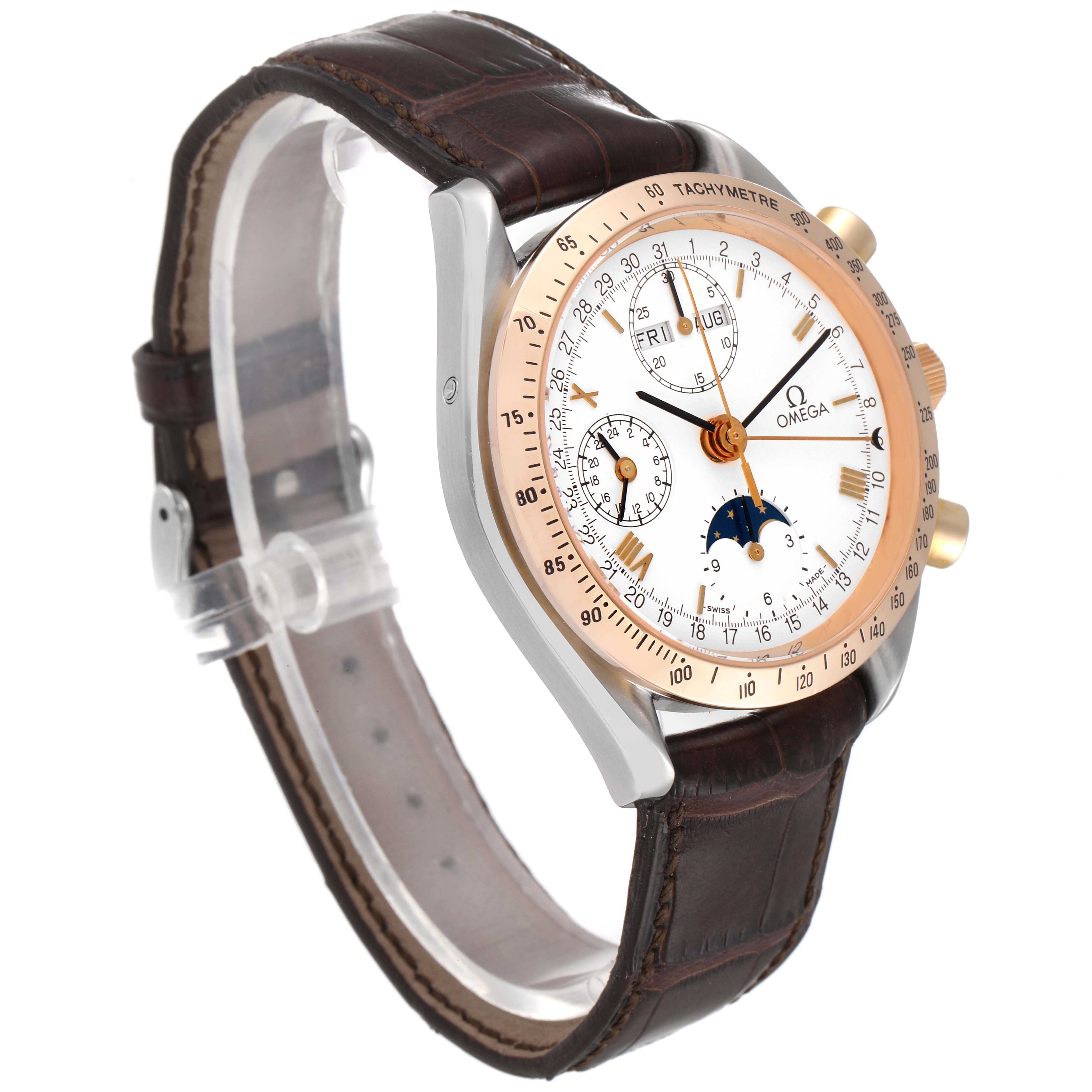 The Omega Speedmaster Men's Steel and Gold (two tone) White Dial Men's Steel and Gold (two tone) White Dial watch is shown at a slight angle with a focus on the face, strap, and side buttons.