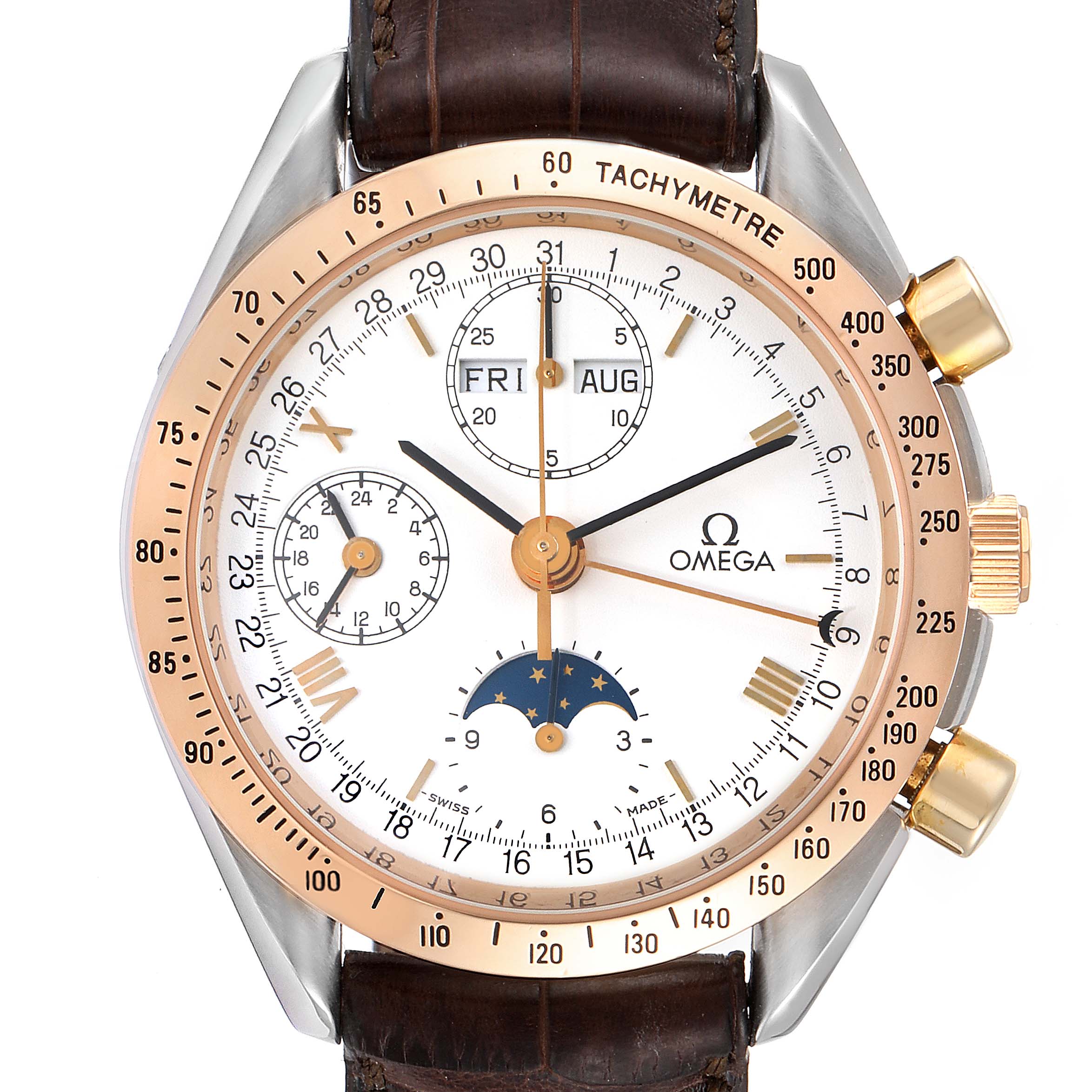 The Omega Speedmaster Men's Steel and Gold (two tone) White Dial Men's Steel and Gold (two tone) White Dial watch is shown from the front, showcasing the dial, bezel, subdials, and leather strap.