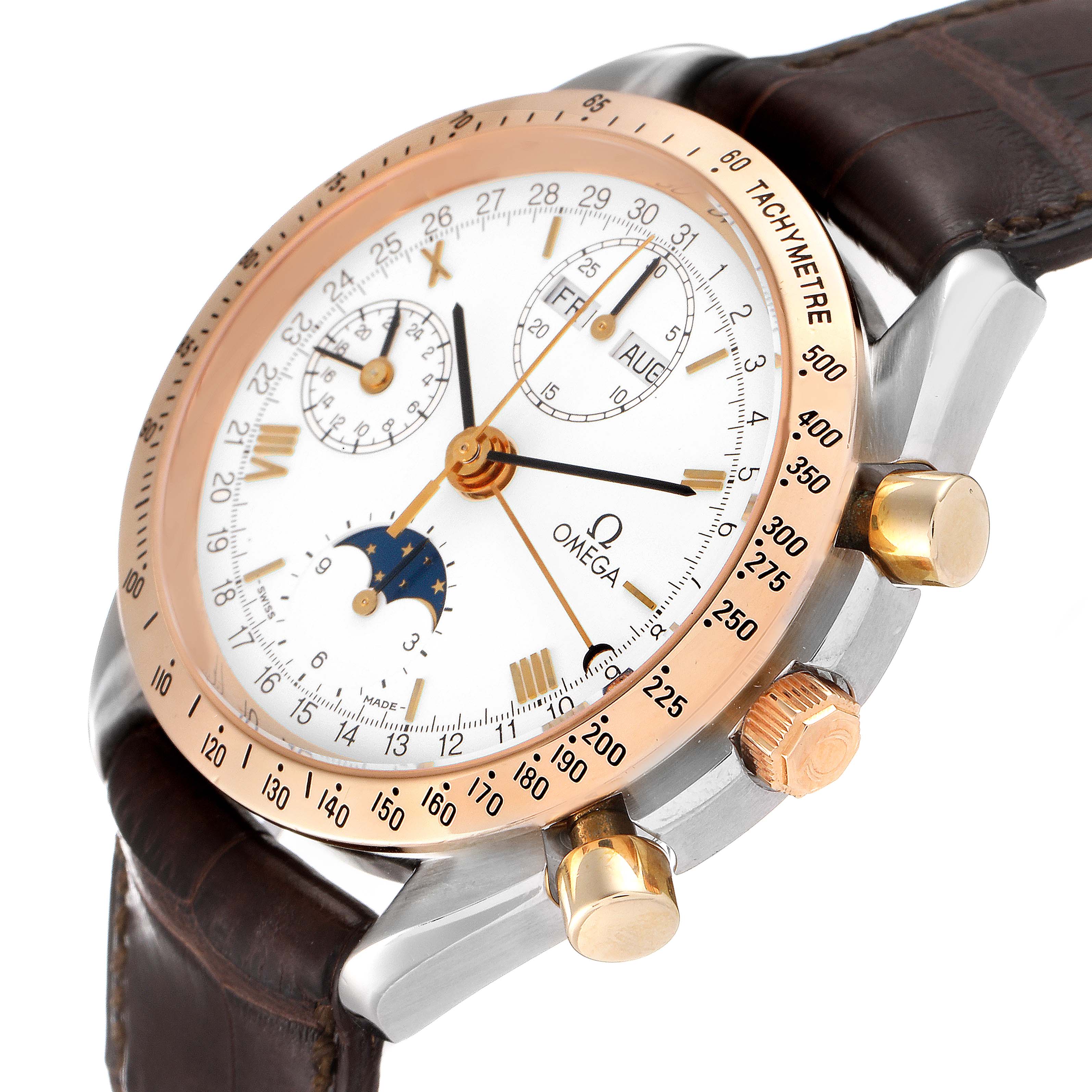 This image shows an angled close-up of an Omega Speedmaster Men's Steel and Gold (two tone) White Dial Men's Steel and Gold (two tone) White Dial watch, highlighting its dial, subdials, and gold accents.