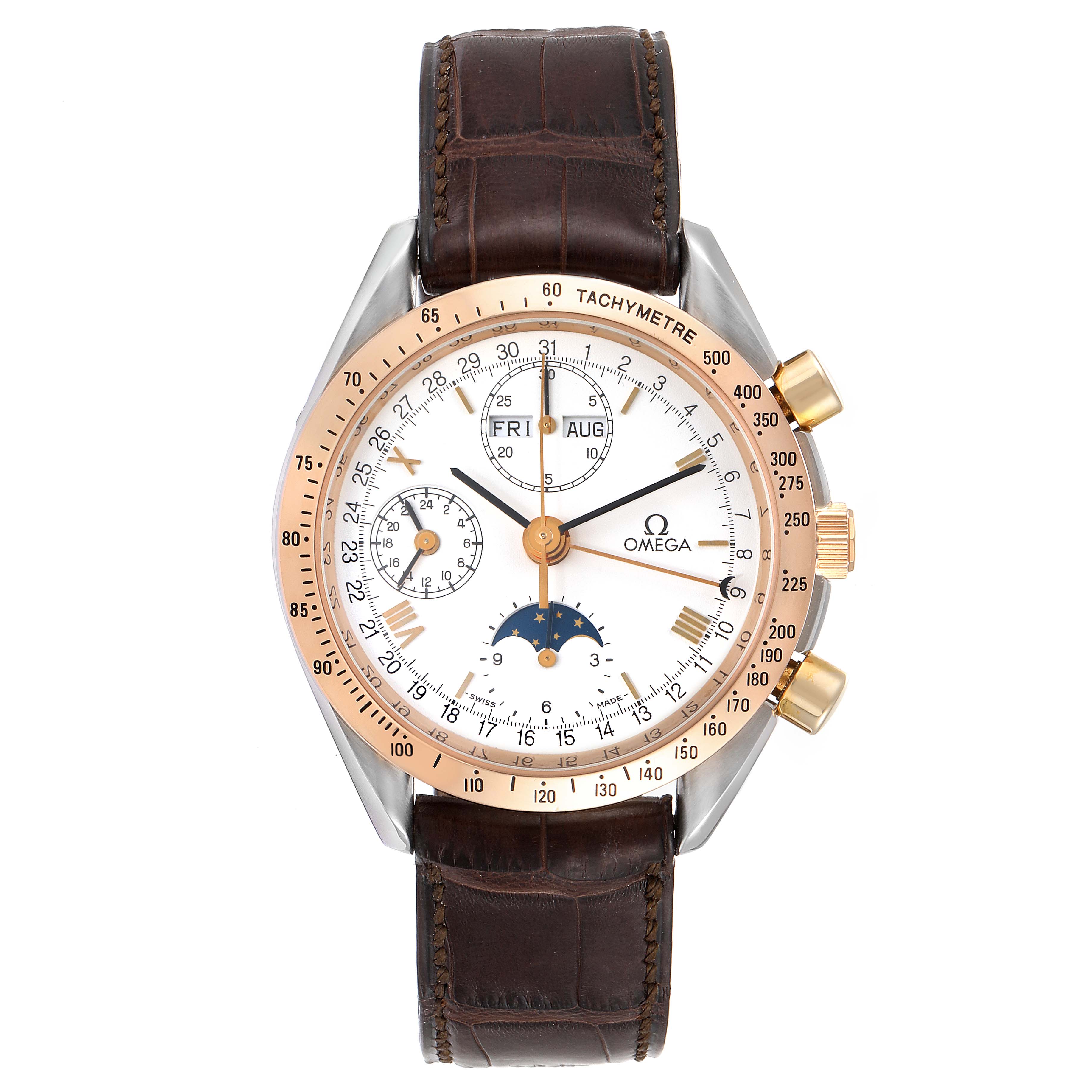 The image shows a front view of an Omega Speedmaster Men's Steel and Gold (two tone) White Dial Men's Steel and Gold (two tone) White Dial watch with a leather strap, a golden bezel, and multiple subdials.