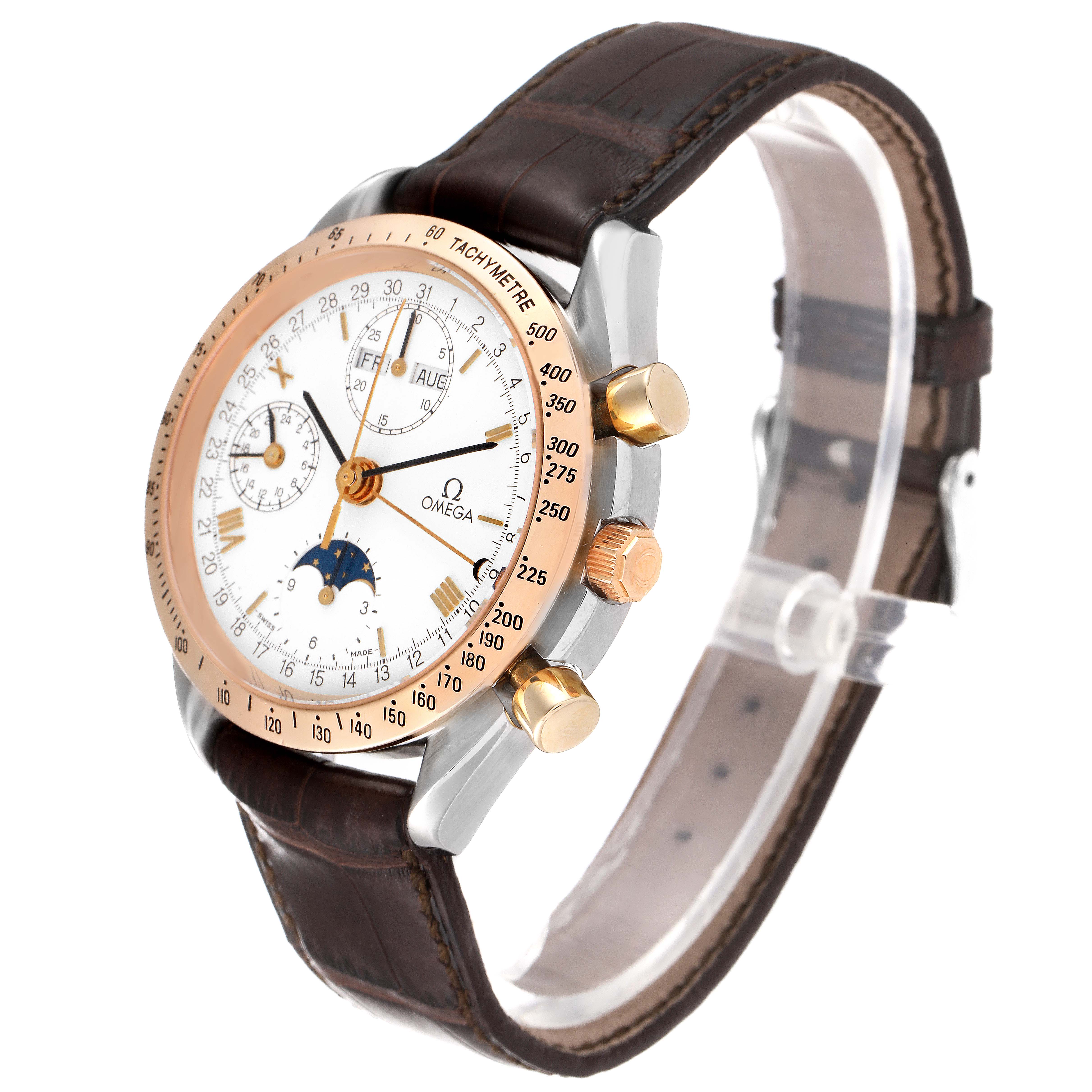 The image shows an Omega Speedmaster Men's Steel and Gold (two tone) White Dial Men's Steel and Gold (two tone) White Dial watch at a slight angle, highlighting its face, bezel, and side buttons.