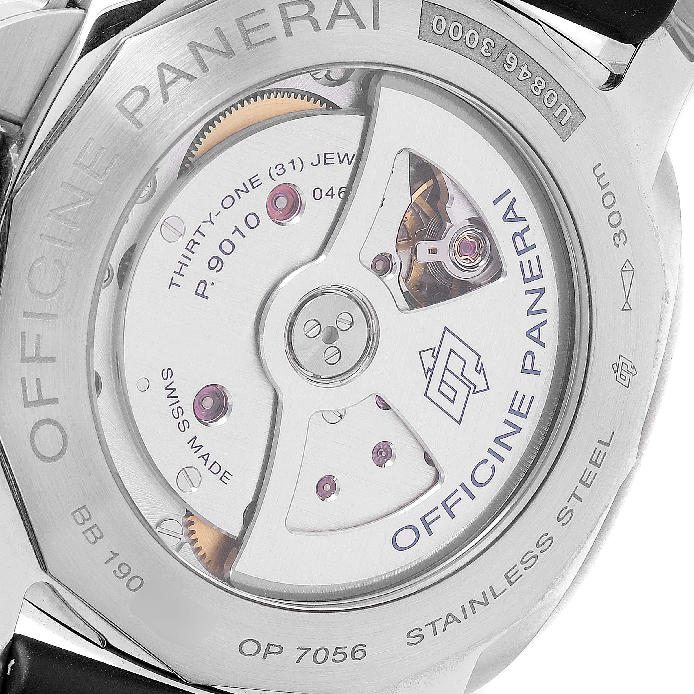 The image shows the back of a Panerai Luminor PAM01359 Men's Stainless Steel Black Dial PAM01359 Men's Stainless Steel Black Dial watch, revealing its internal P.9010 movement and key details.