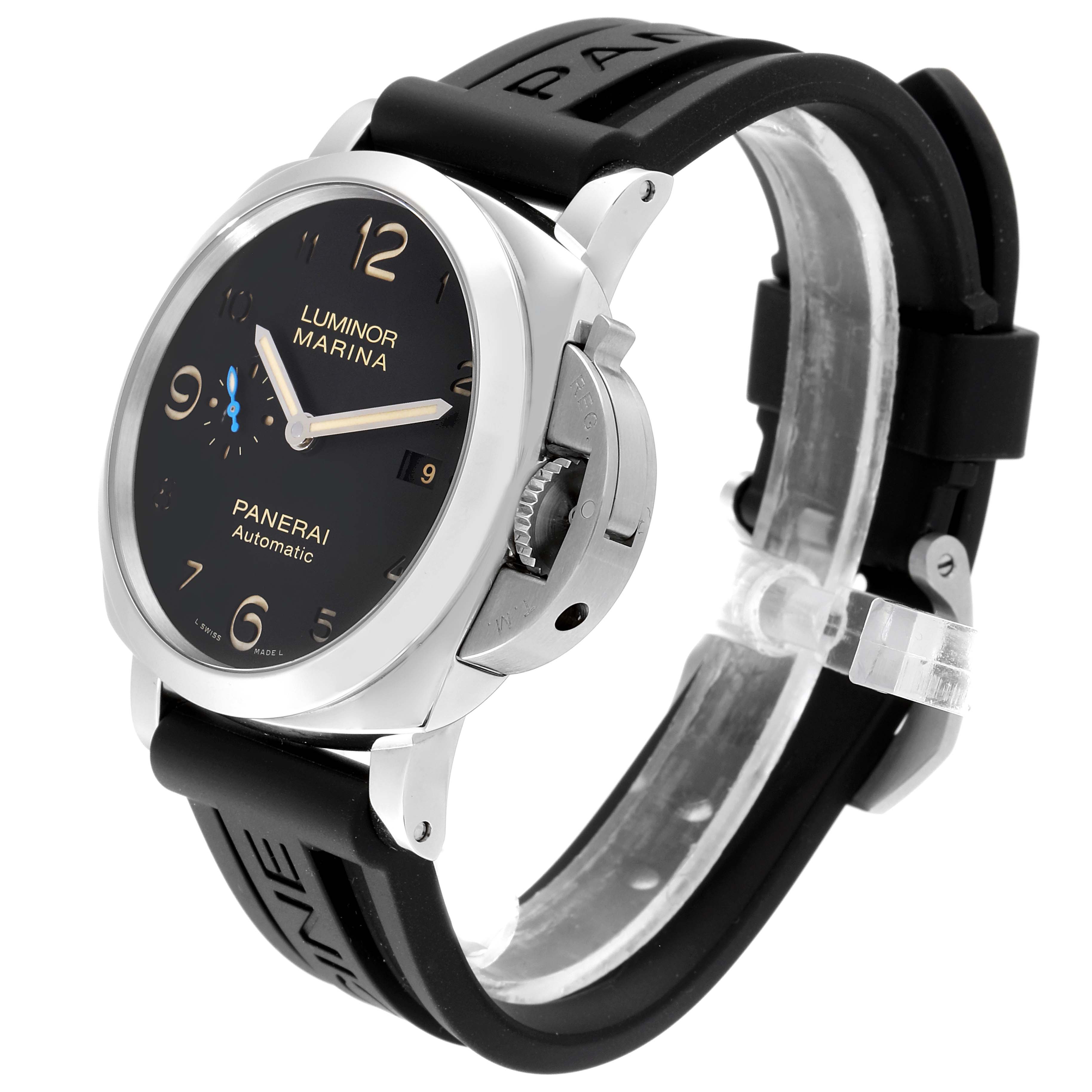 The image shows a Panerai Luminor PAM01359 Men's Stainless Steel Black Dial PAM01359 Men's Stainless Steel Black Dial watch at a three-quarter angle, highlighting the face, crown guard, and black rubber strap.