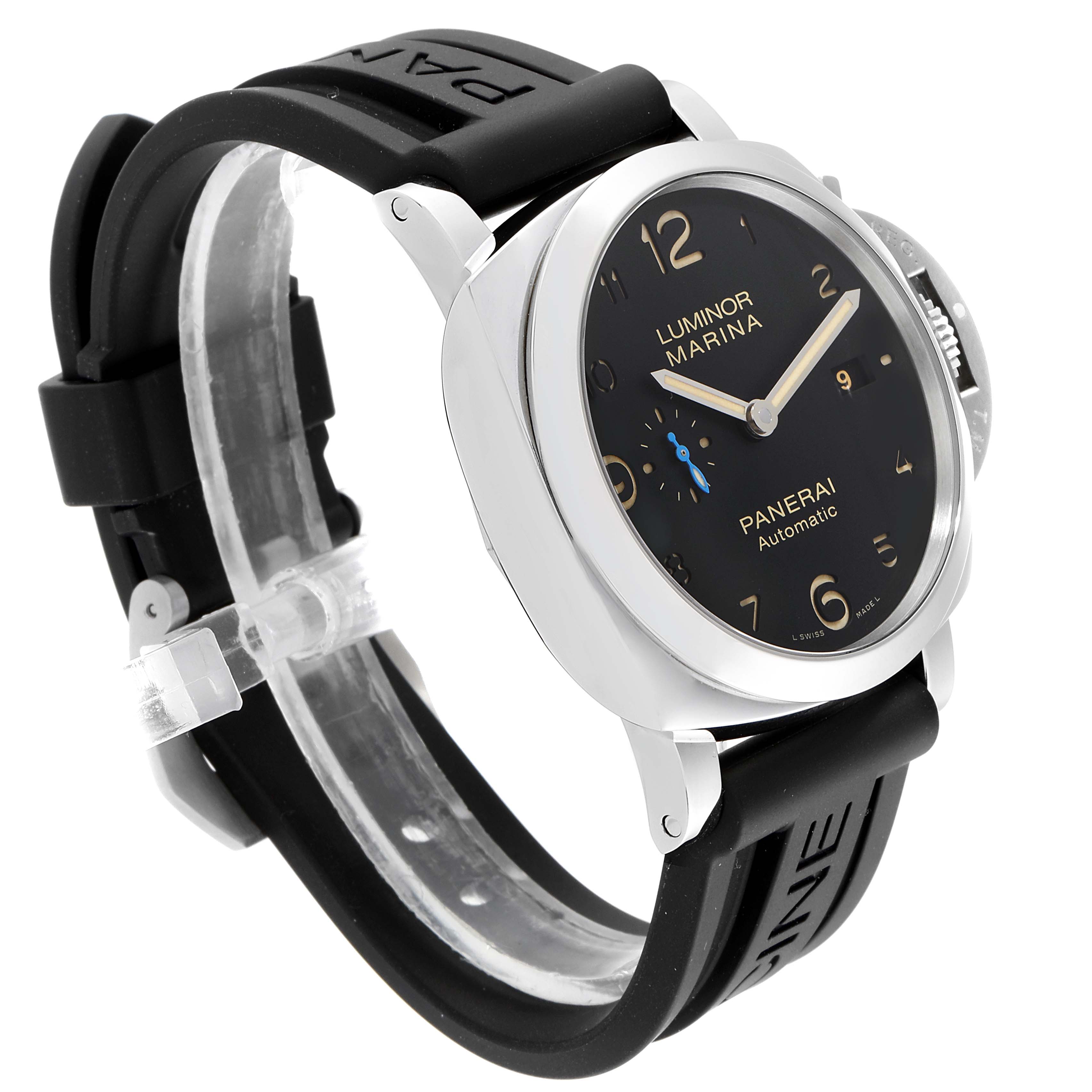 The image shows a side angle of a Panerai Luminor PAM01359 Men's Stainless Steel Black Dial PAM01359 Men's Stainless Steel Black Dial Marina watch, highlighting its face, crown guard, and black rubber strap.