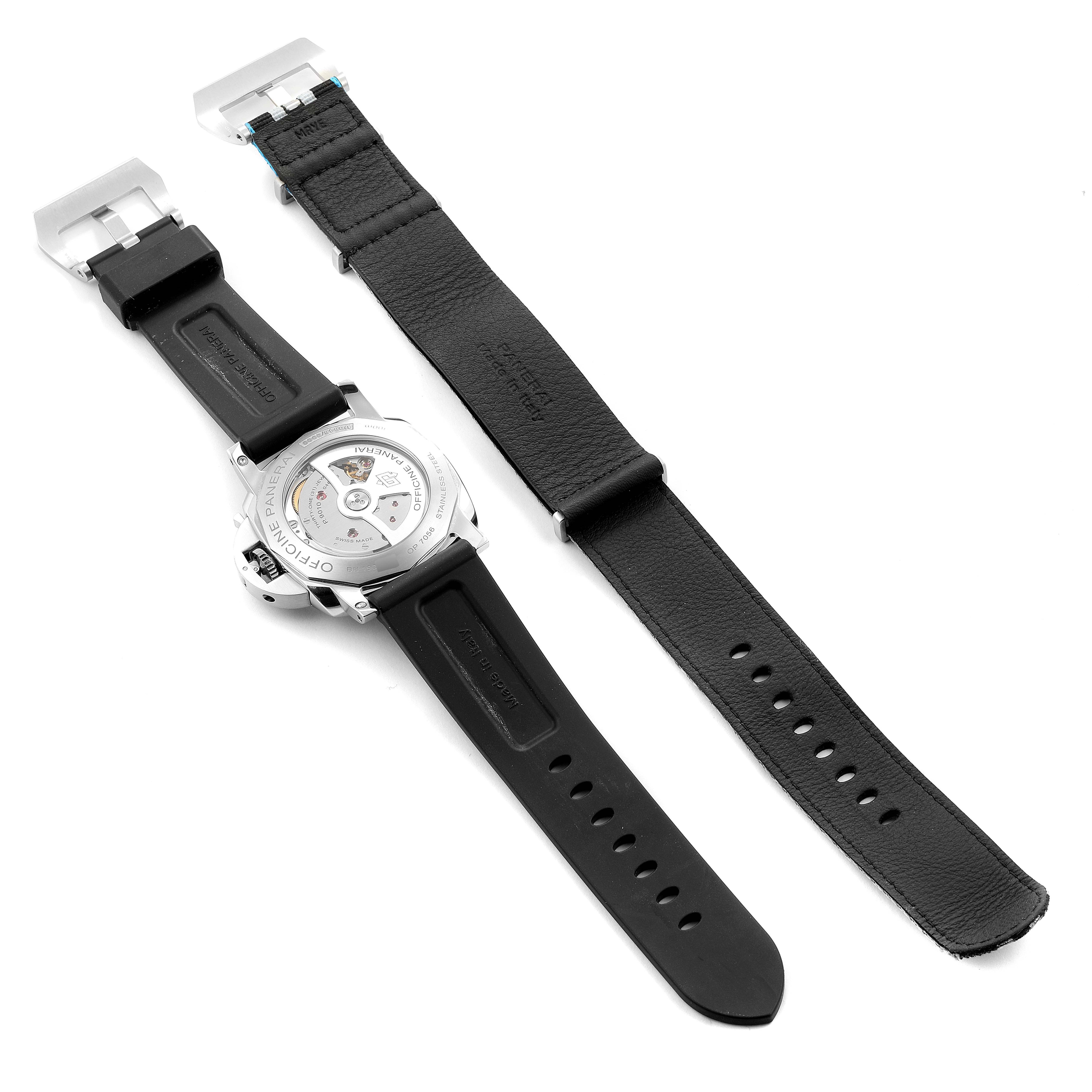 The image shows the back view of a Panerai Luminor PAM01359 Men's Stainless Steel Black Dial PAM01359 Men's Stainless Steel Black Dial watch, focusing on the exposed automatic movement and its black leather strap.