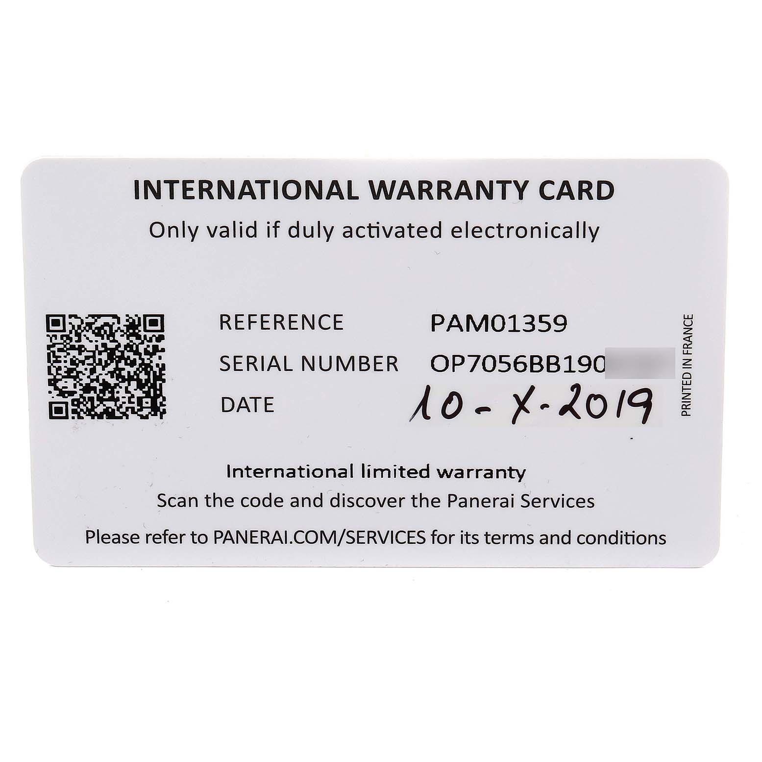 This is the international warranty card for the Panerai Luminor PAM01359 Men's Stainless Steel Black Dial PAM01359 Men's Stainless Steel Black Dial model PAM01359.