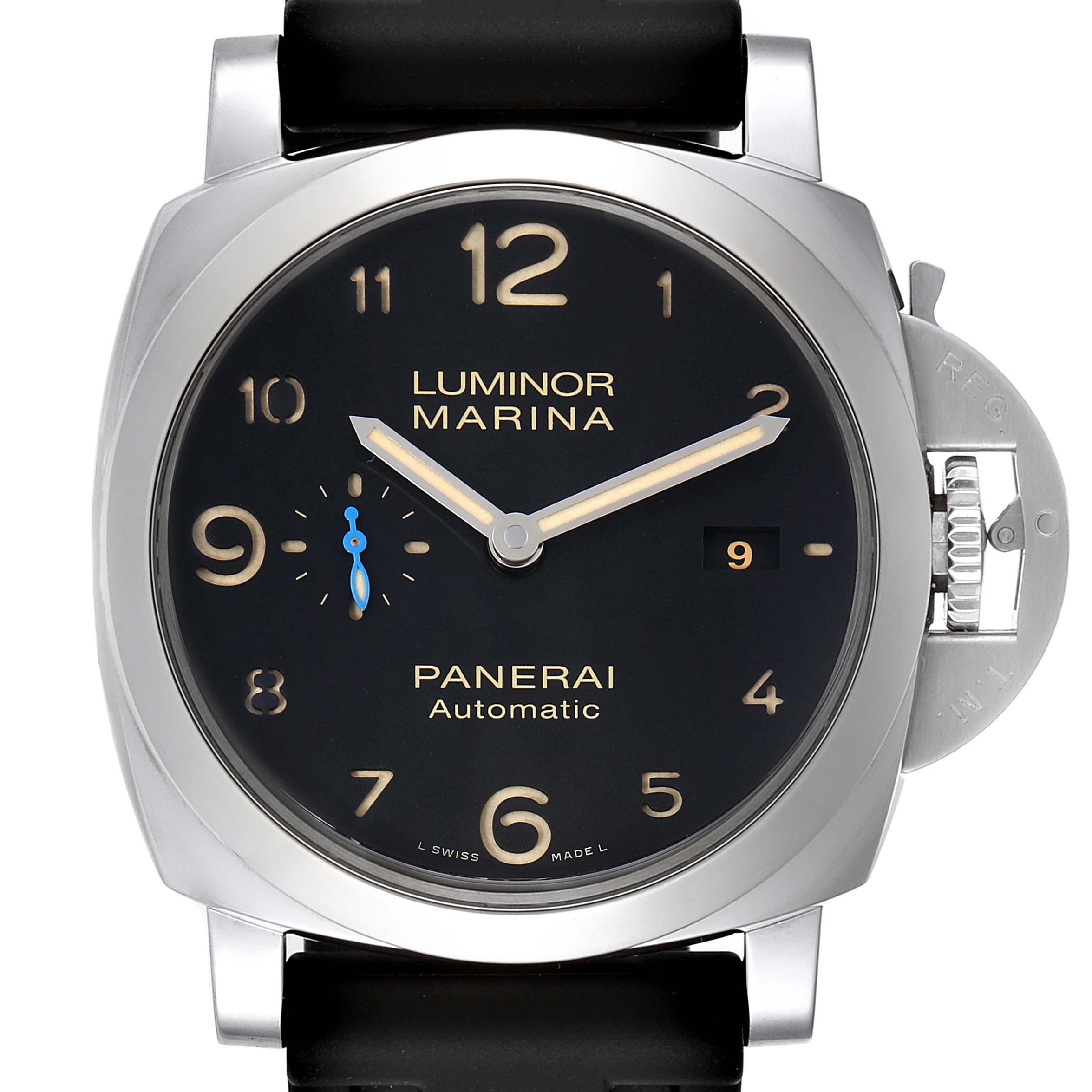 This image shows a front view of a Panerai Luminor PAM01359 Men's Stainless Steel Black Dial PAM01359 Men's Stainless Steel Black Dial Marina watch, highlighting its dial and date display.