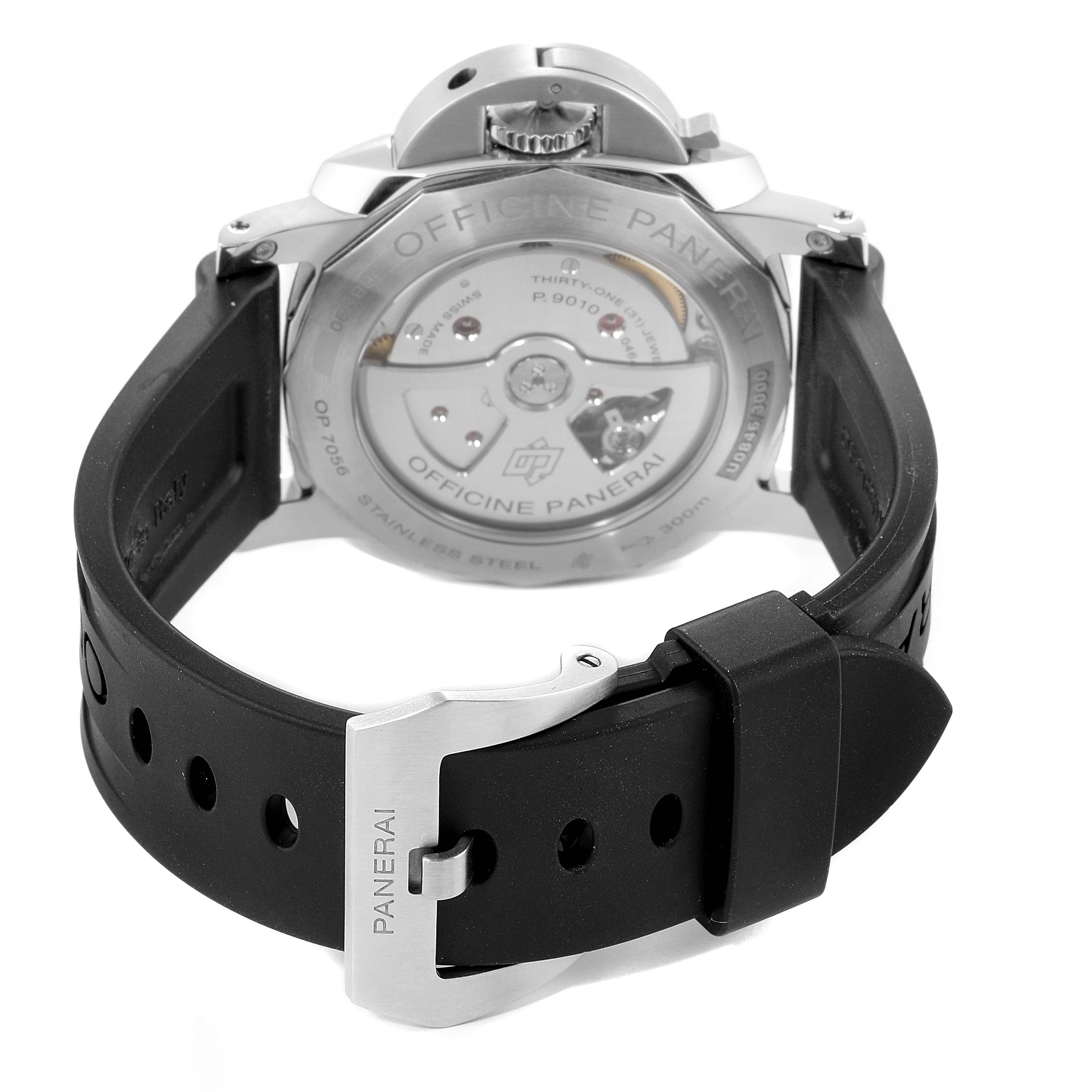 The image shows the back side of a Panerai Luminor PAM01359 Men's Stainless Steel Black Dial PAM01359 Men's Stainless Steel Black Dial watch, highlighting its strap and buckle, with a view of the watch's inner mechanisms.
