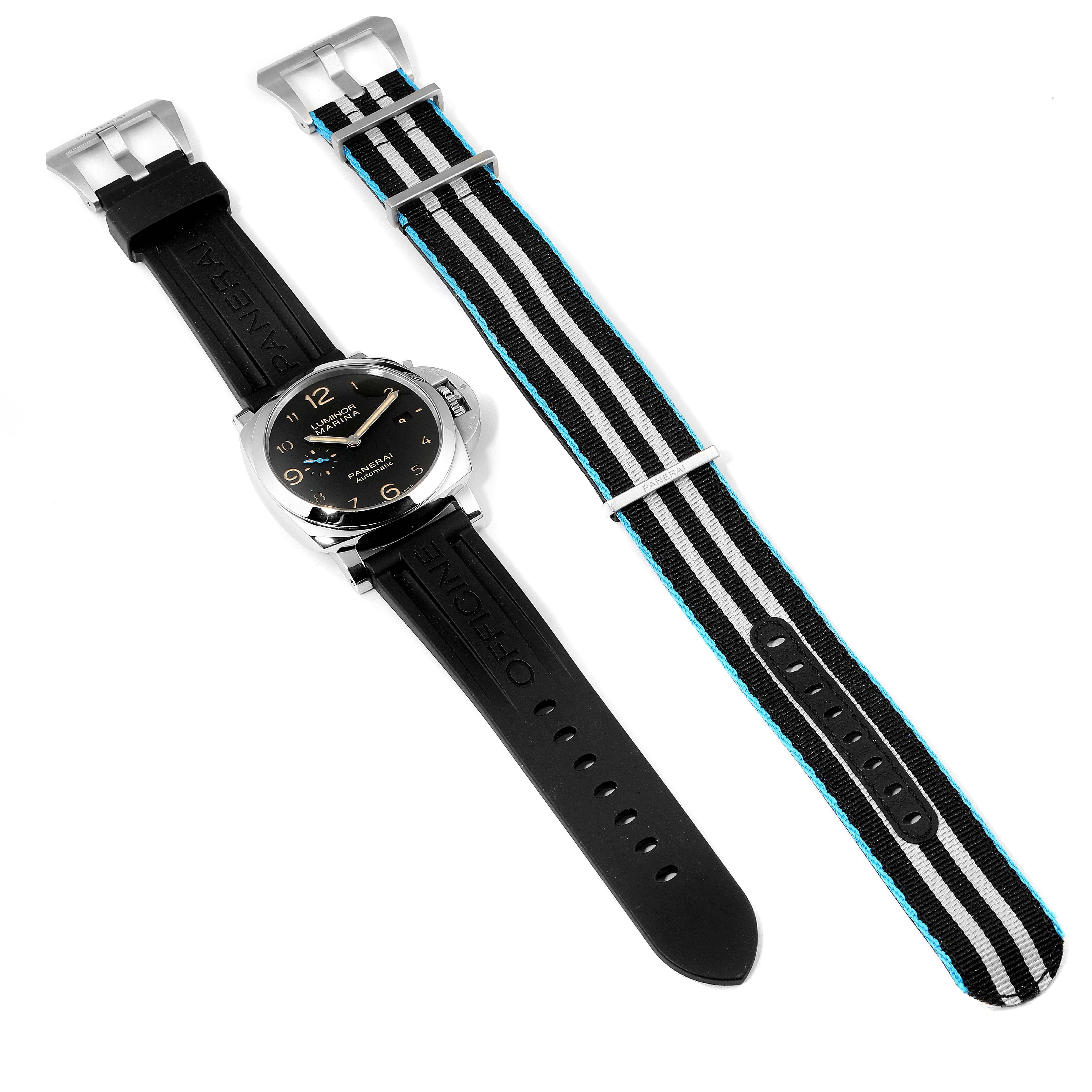 The image shows a Panerai Luminor PAM01359 Men's Stainless Steel Black Dial PAM01359 Men's Stainless Steel Black Dial watch and two watch straps, one black rubber and one black-and-white striped fabric, from a top view.