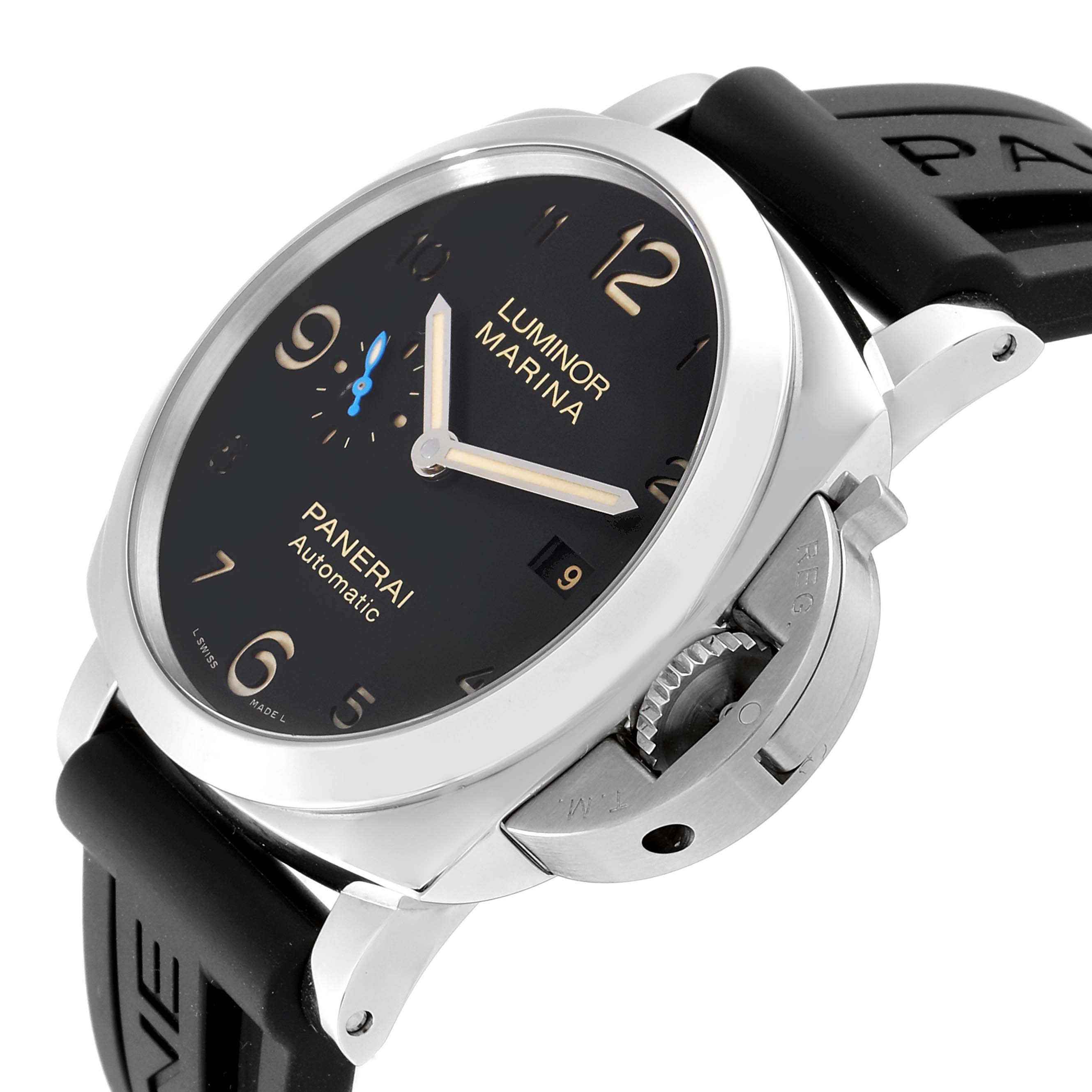 The Panerai Luminor PAM01359 Men's Stainless Steel Black Dial PAM01359 Men's Stainless Steel Black Dial watch is shown at a three-quarters angle, highlighting the face, crown guard, and part of the strap.
